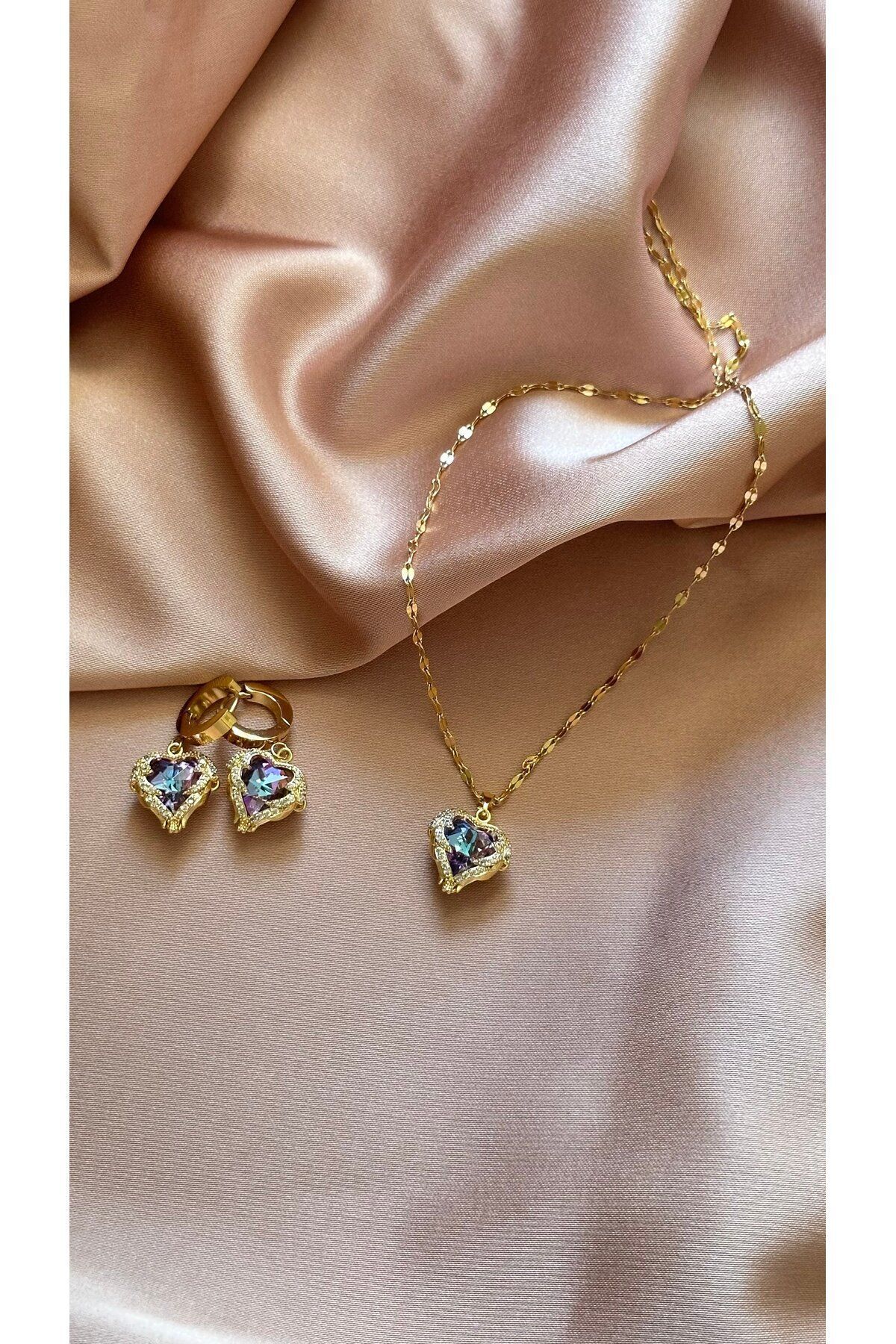 kai collection Altın Renk Okyanus Kalbi Çelik Küpe Kolye Set