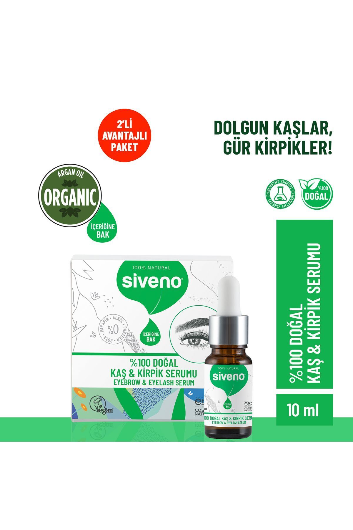 Siveno %100 Doğal Kaş ve Kirpik Serumu Bitkisel Yoğunlaştırıcı Canlandırıcı Bakım Yağı Vegan 10 ml X2 Adet