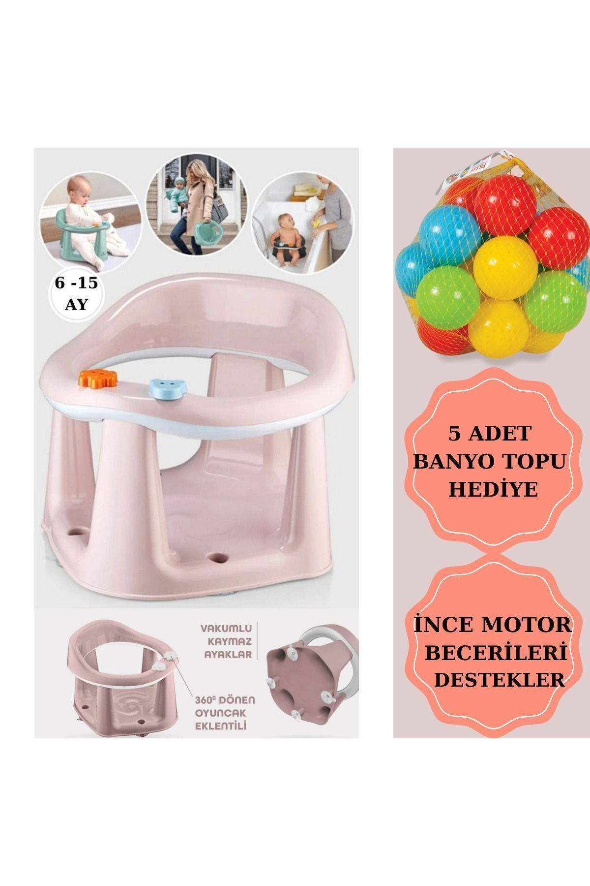 PONÇİK STORE Bebek Banyo Oturağı - Vakum Tabanlı Bebek Mama Oturağı - Bel Destekli Vakumlu Mama, Banyo Oturağı