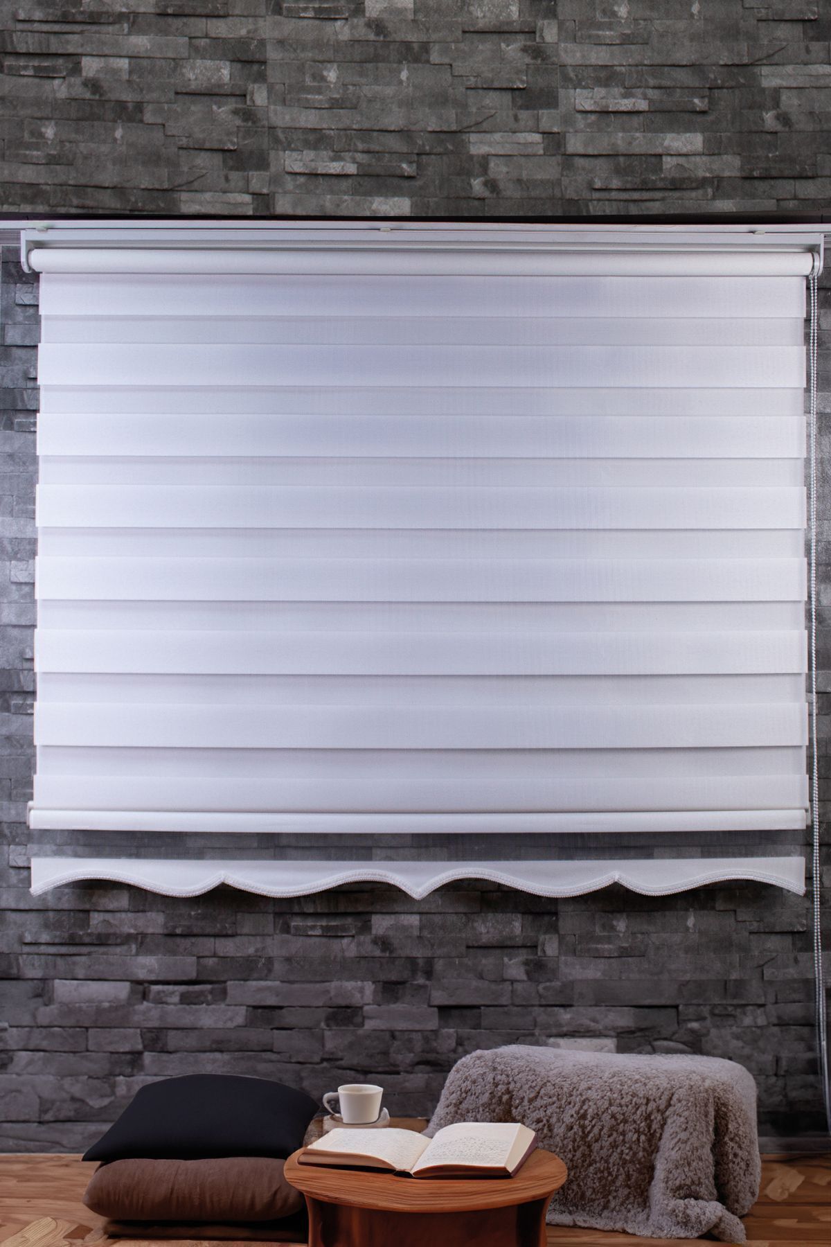 Rossa Home Concept-Ecru Zebra Patterned Wide Pleated Sunshade - Sliced Skirt 6