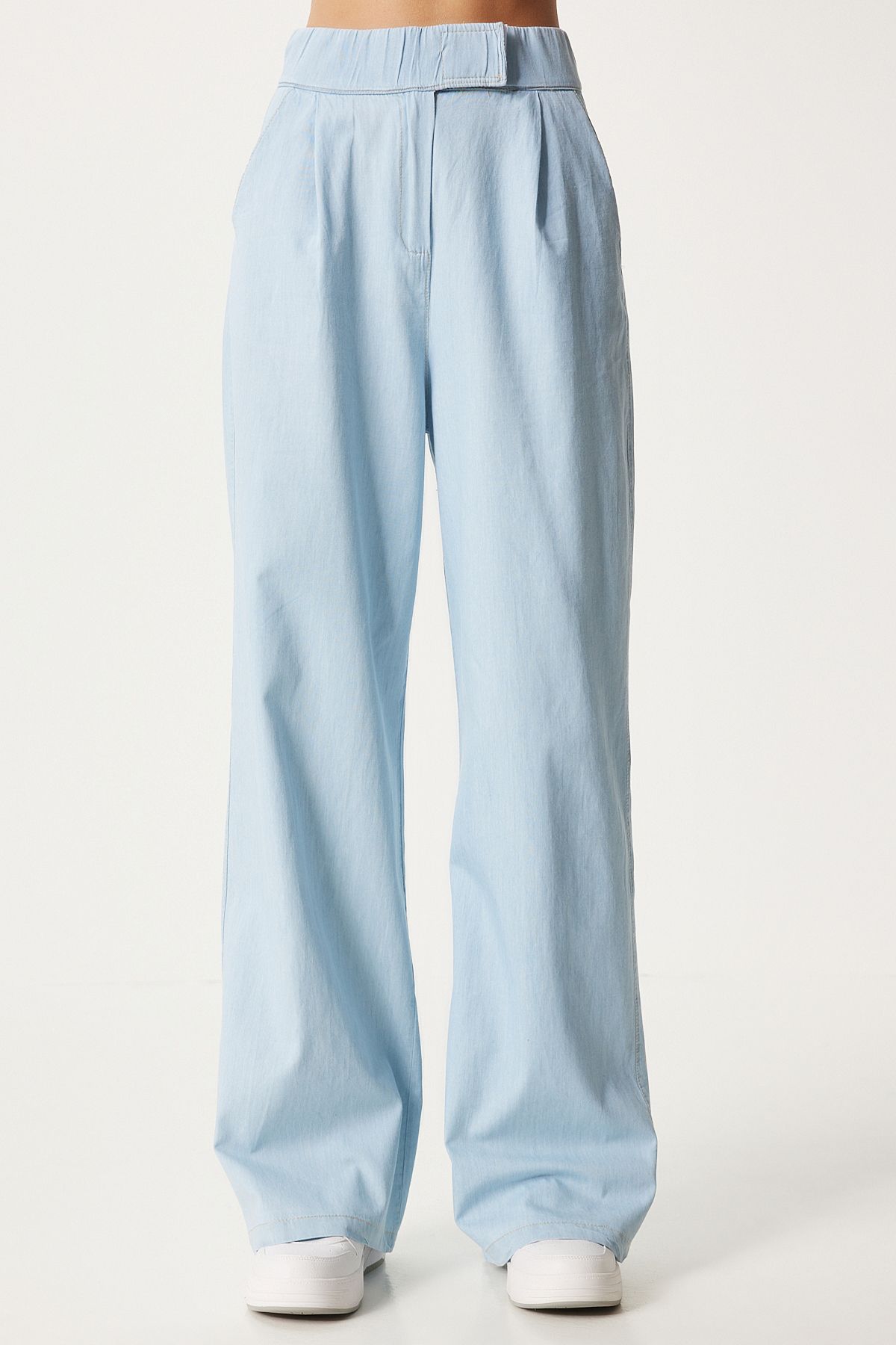 Happiness İstanbul-Hellblaue Palazzo-Hose für Damen – Bequemer Klettverschluss in der Taille Kq00005 3