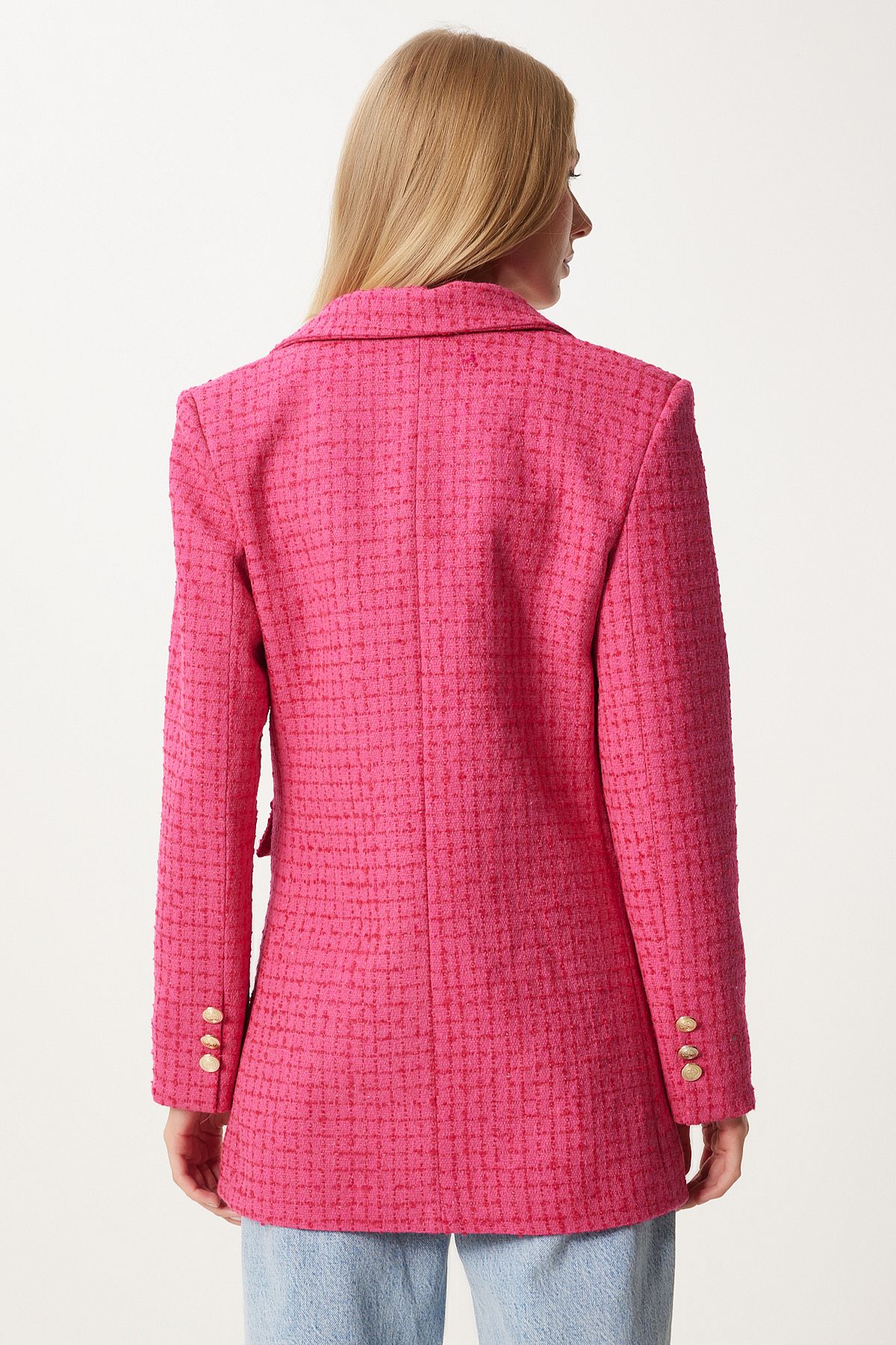 Happiness İstanbul-Jachetă blazer din tweed roz închis - damă, cu nasturi, WF00004 4