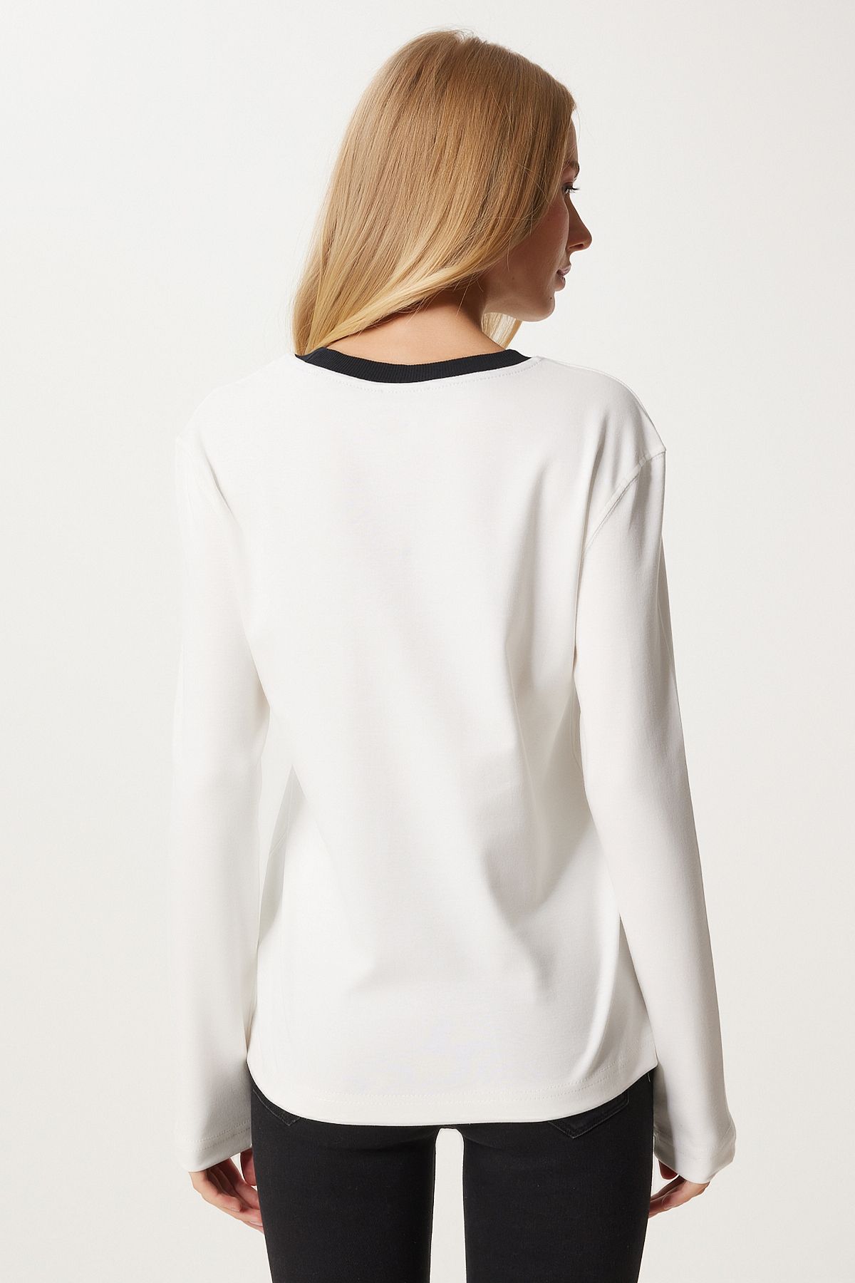 Happiness İstanbul-Weiße Baumwollbluse in Kontrastfarbe für Damen - Nj00157 5