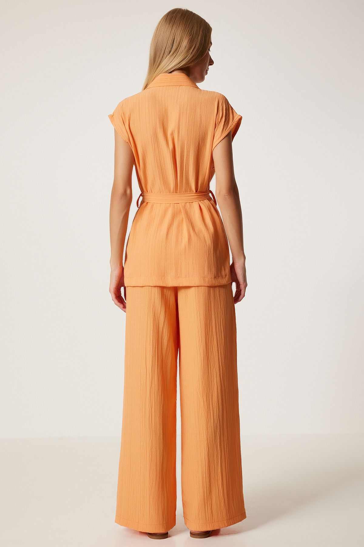 Happiness İstanbul-Orangefarbenes Damen-Set aus Weste und Palazzo-Strick - mit Gürtel By00055 6