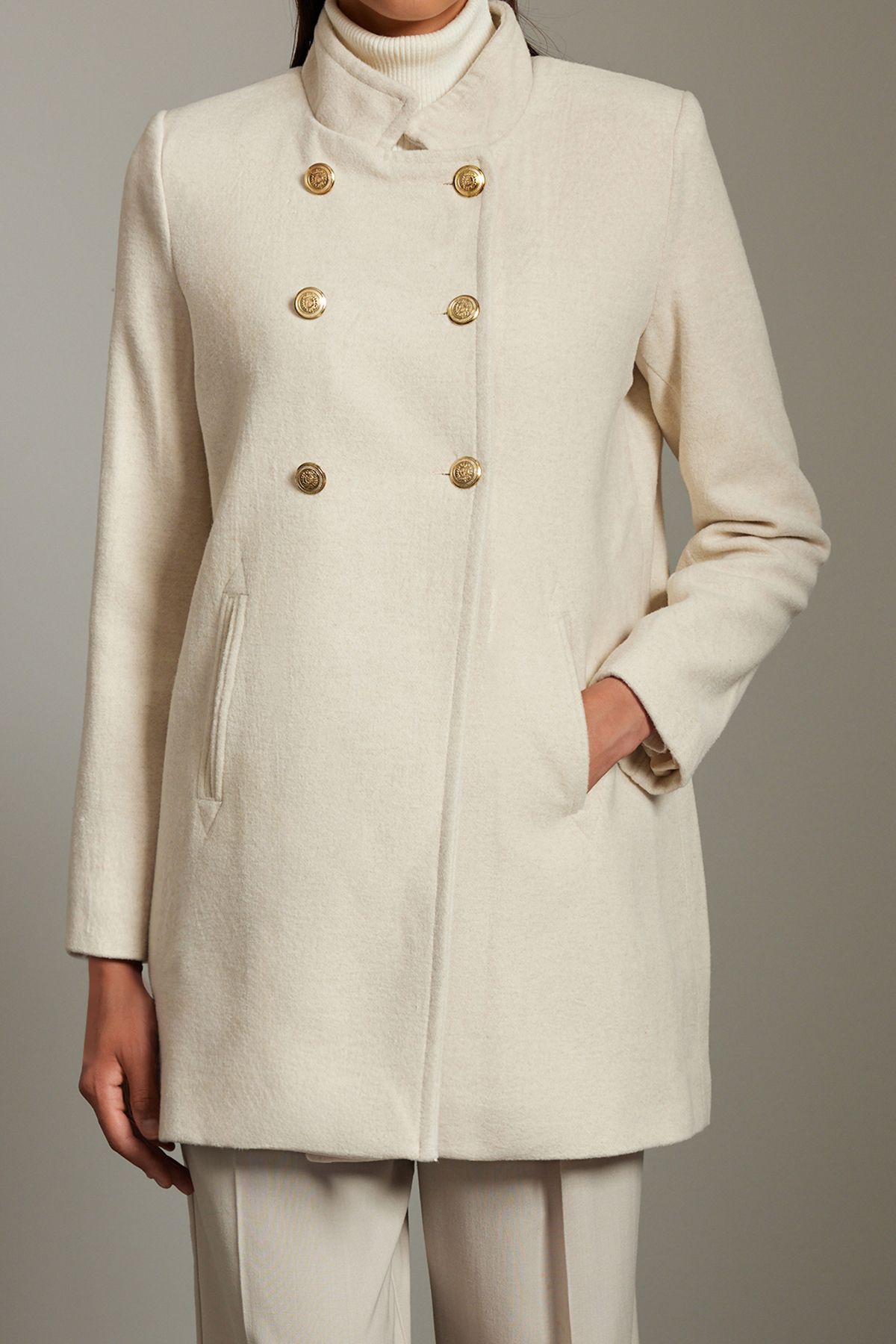 Trendyol Collection-Ecru Midi Coat - Button Detail and Wool, TWOAW25KB00017 4