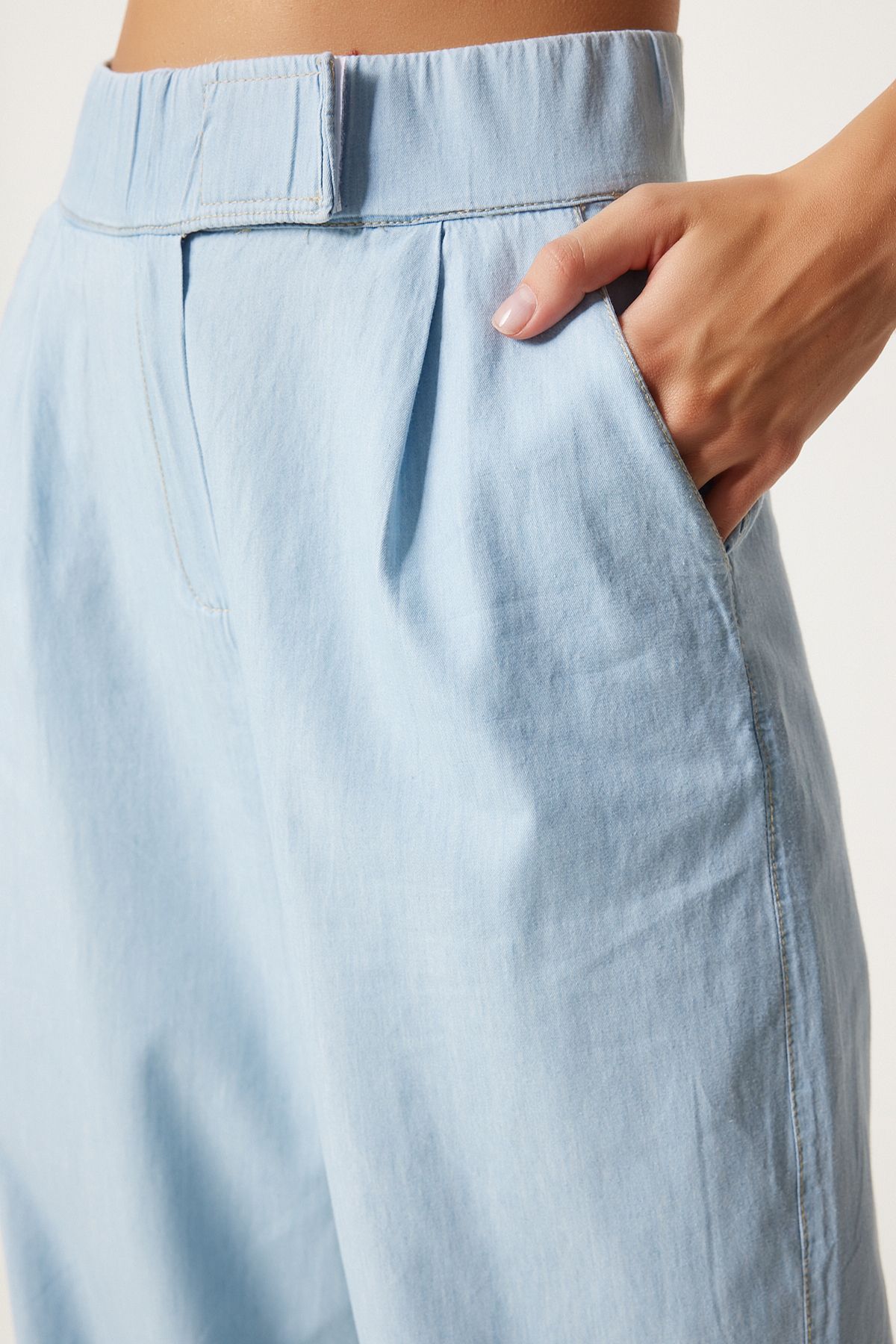 Happiness İstanbul-Hellblaue Palazzo-Hose für Damen – Bequemer Klettverschluss in der Taille Kq00005 4