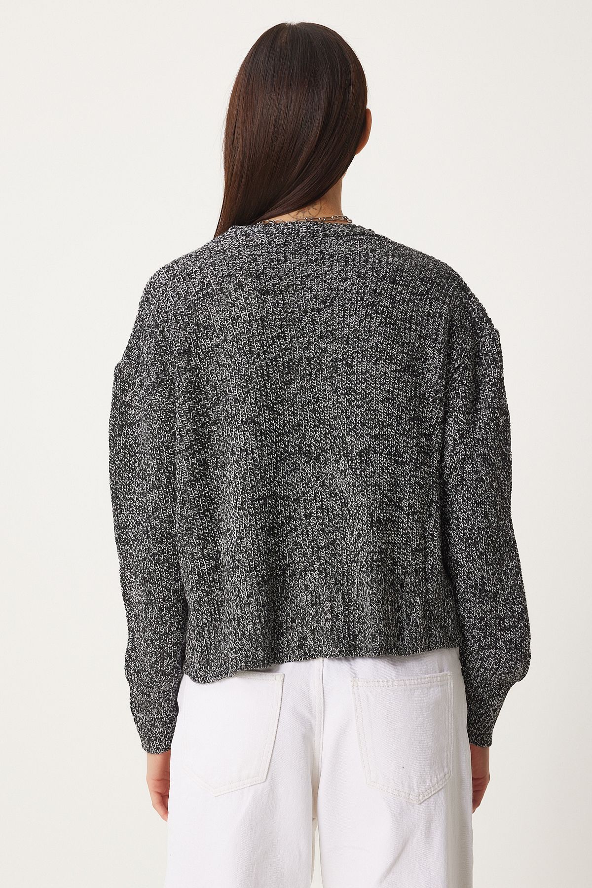 Happiness İstanbul-Grau meliert V-Ausschnitt Strick Damen Strickjacke - Grau Fn03338 5
