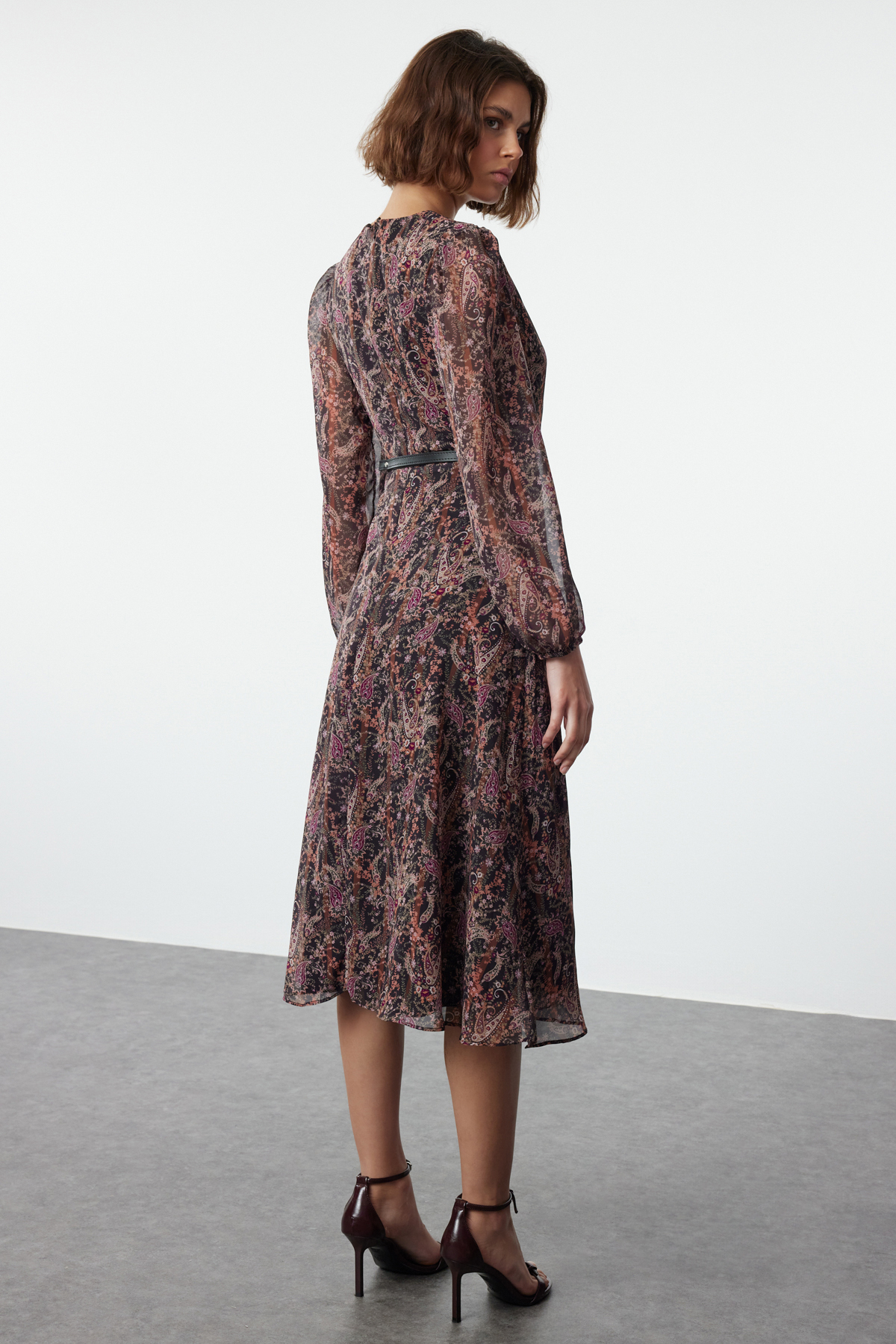 Trendyol Collection Aline Midi Doublebreasted Collar Brown Floral