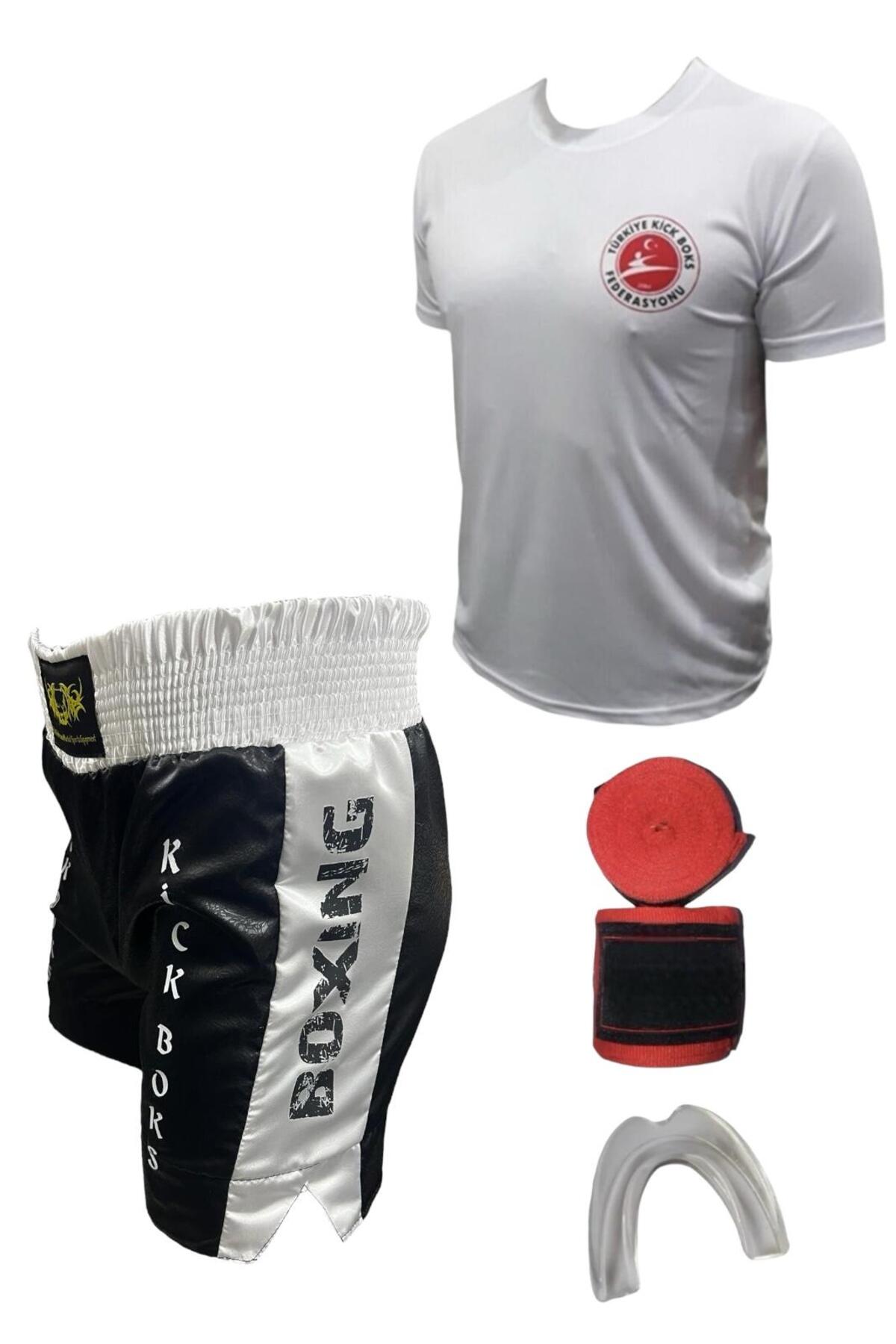 Remege Spor Malzemeleri Kick Boks Şortu - Kick Boks Tişörtü - 3,5 Mt Bandaj - Silikon Dişlik Kickboks 4'lü Set