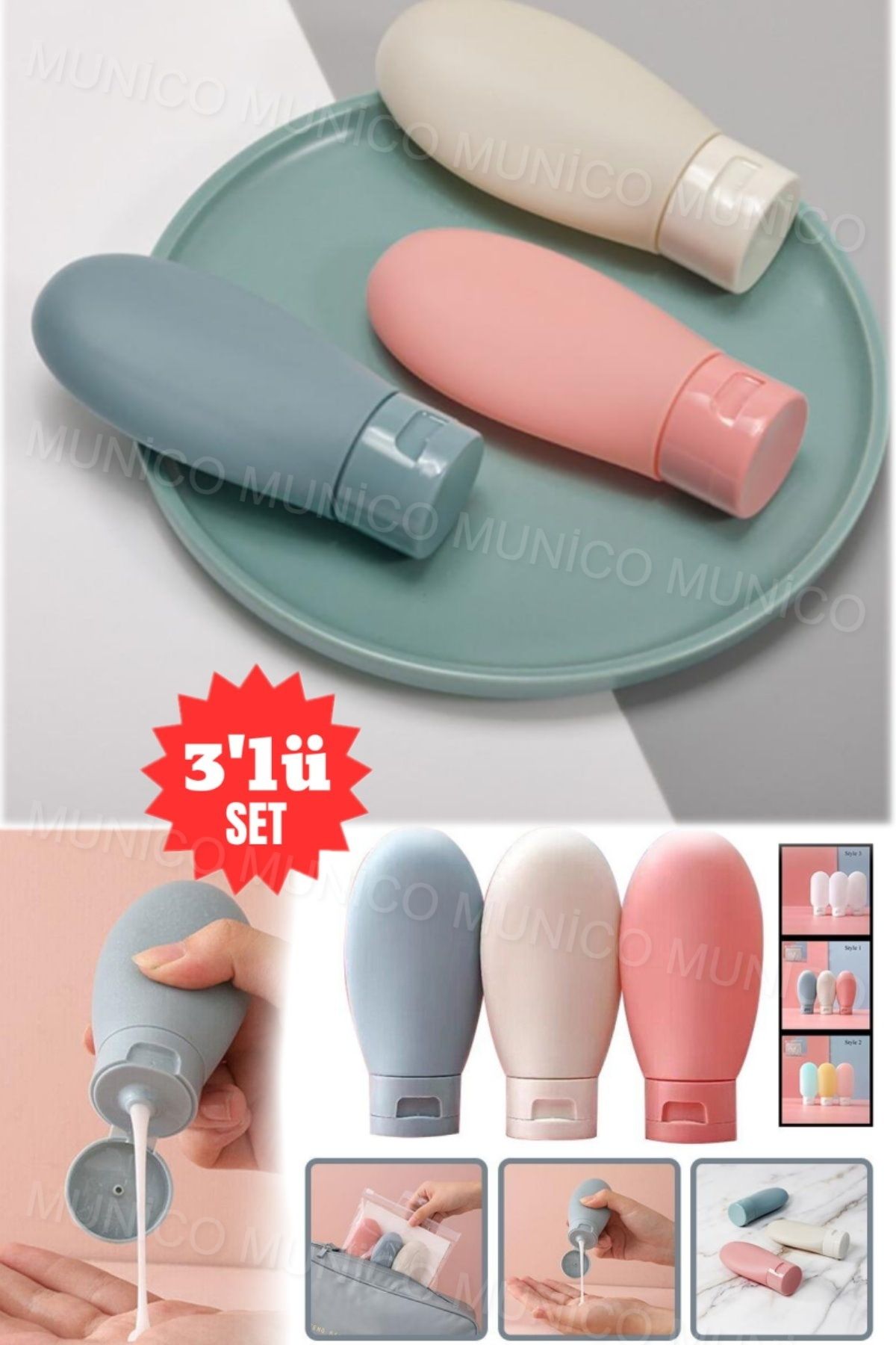 Munico-Leak Proof Cream and Shampoo Containers Set of 3Pcs 60ml Bottles for Travel Ideal Size Bottles for Holiday 3