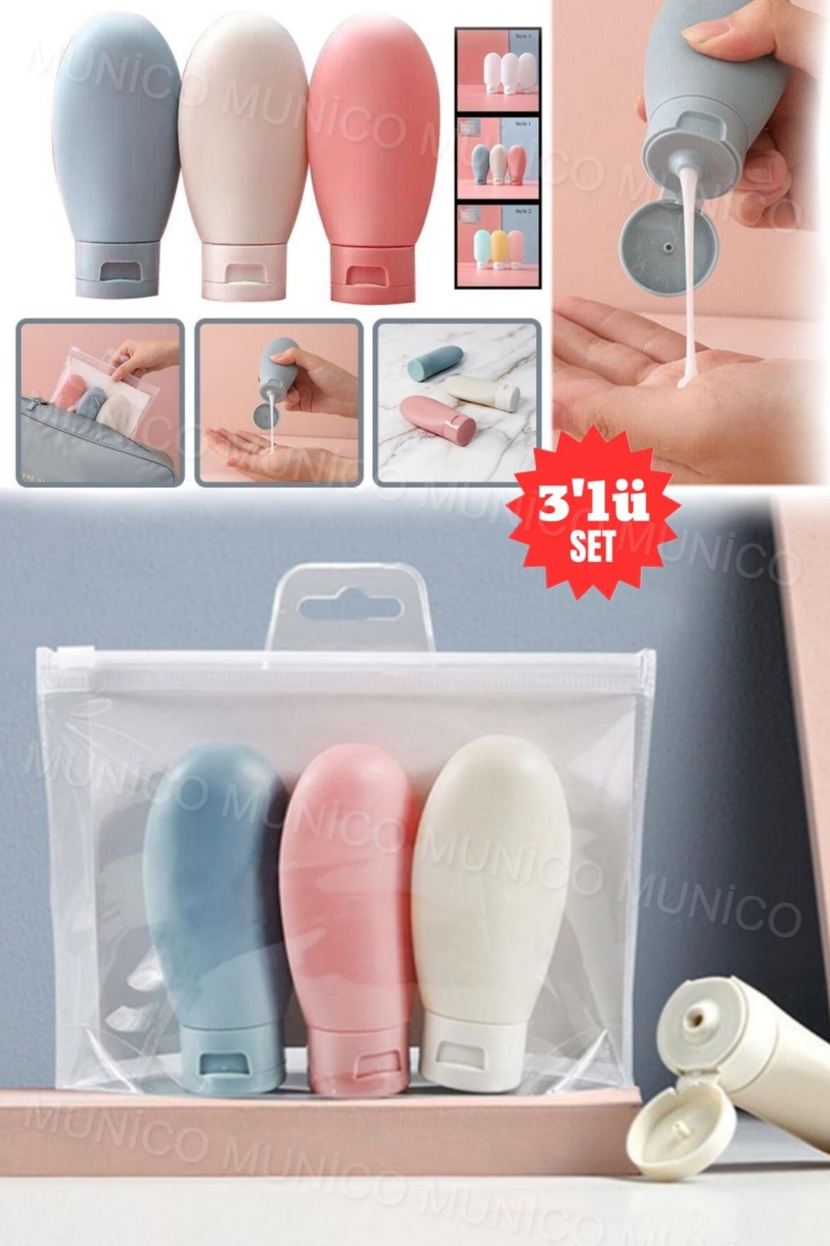 Munico-Leak Proof Cream and Shampoo Containers Set of 3Pcs 60ml Bottles for Travel Ideal Size Bottles for Holiday 4
