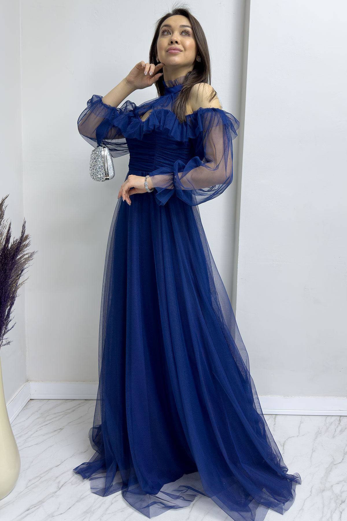 Navy Blue Tulle Draped Plus Size Evening Dress