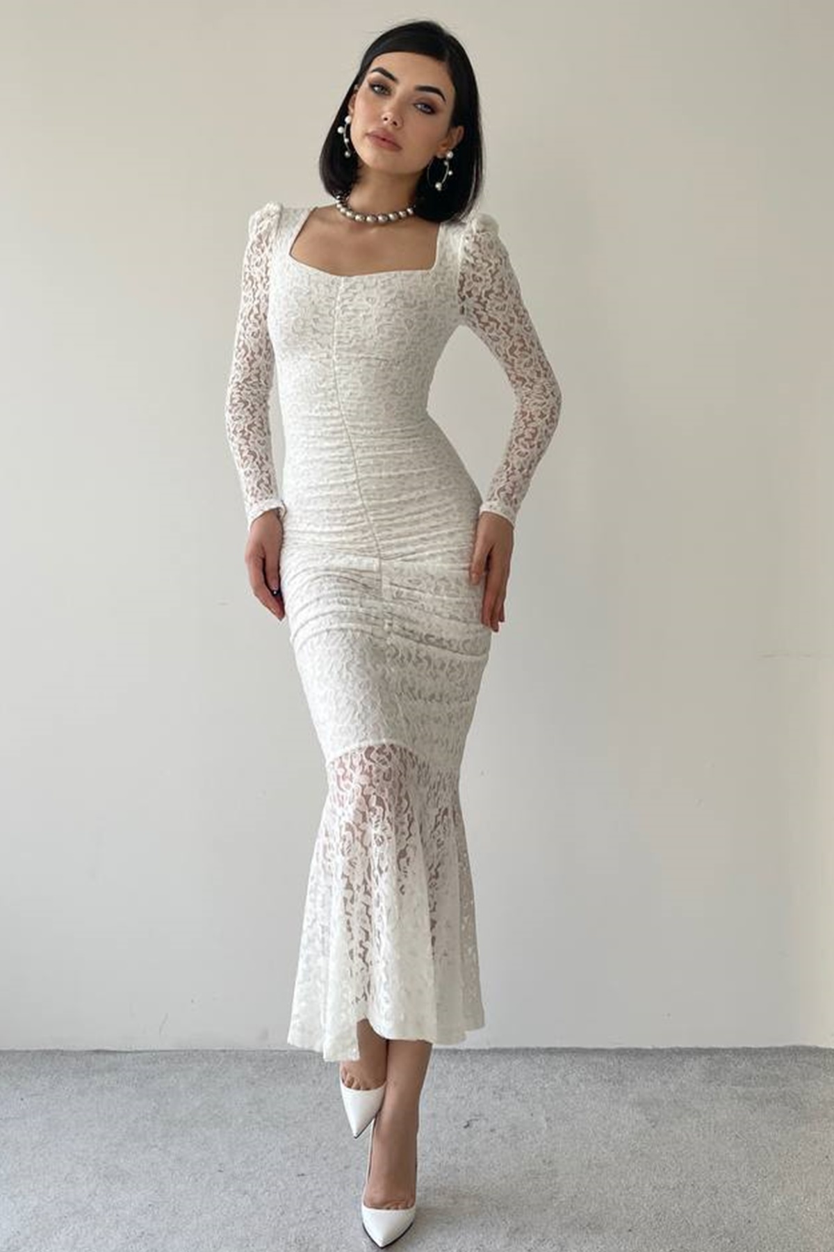 WOMAN VISION-White Midi Dress - Lace Fabric, Drape Front Design and Transparent Sleeves 215 4