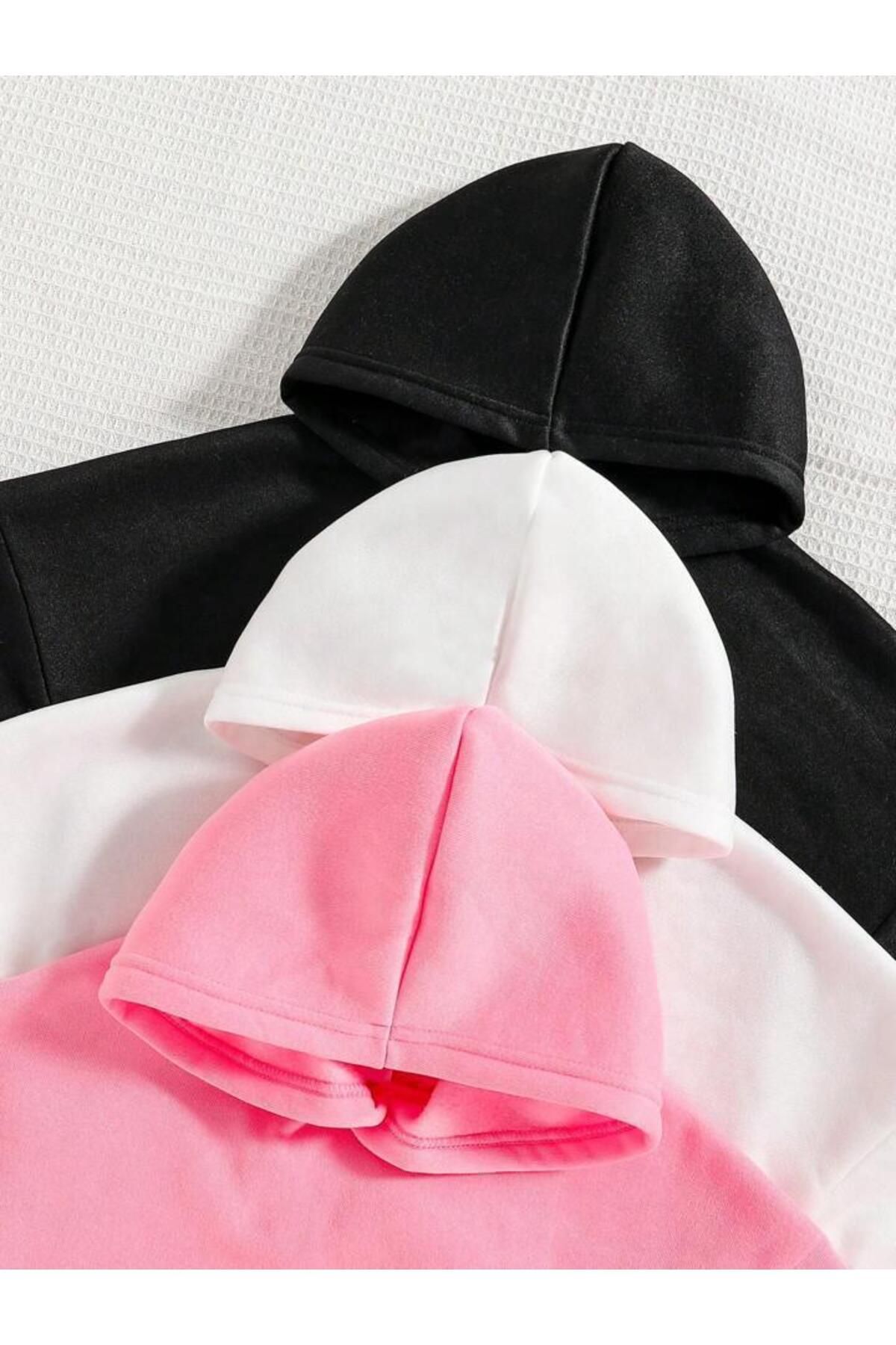 Kız Çocuk 3lü Paket Kapşonlu Girls Baskılı Pembe-Siyah-Beyaz Sweatshirt