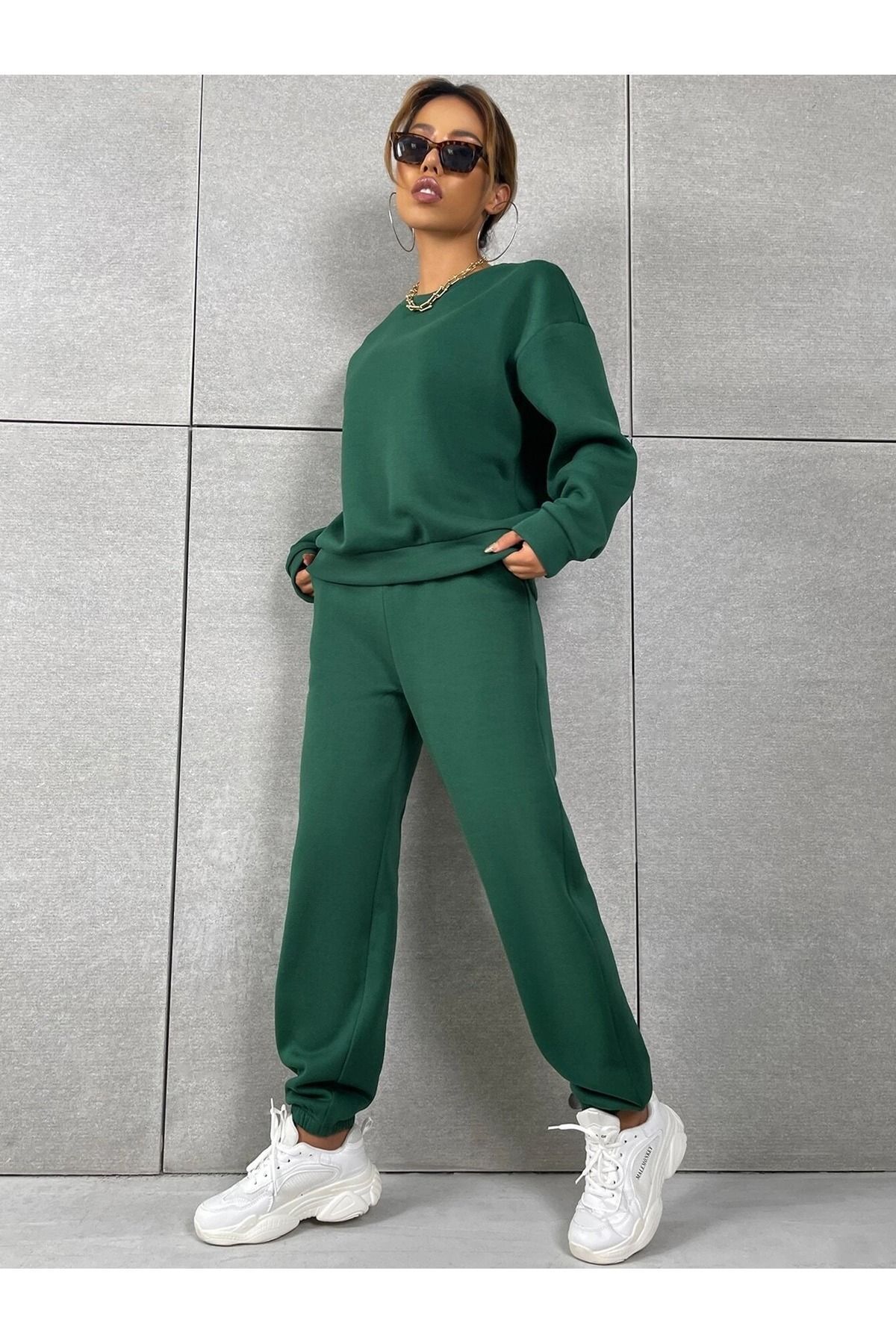 Basic Kalın Kışlık Sweatshirt Eşofman Altı Jogger - Nefti Yeşil Alt Üst Eşofman Takımı Bisiklet Yaka — سبز scBSCBSKLTKM-SC — تصویر 4 از 6