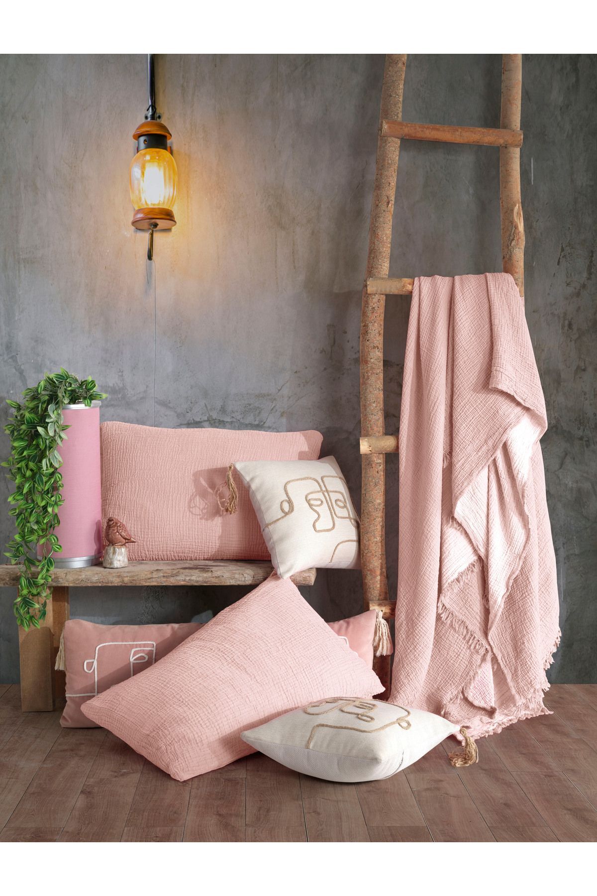 destinyhometex Pembe Tek Kişilik 160x240cm Yatak Örtüsü/1 Adet 50x70cm Yastık 4 Katlı Multi Muslin %100 Pamuk