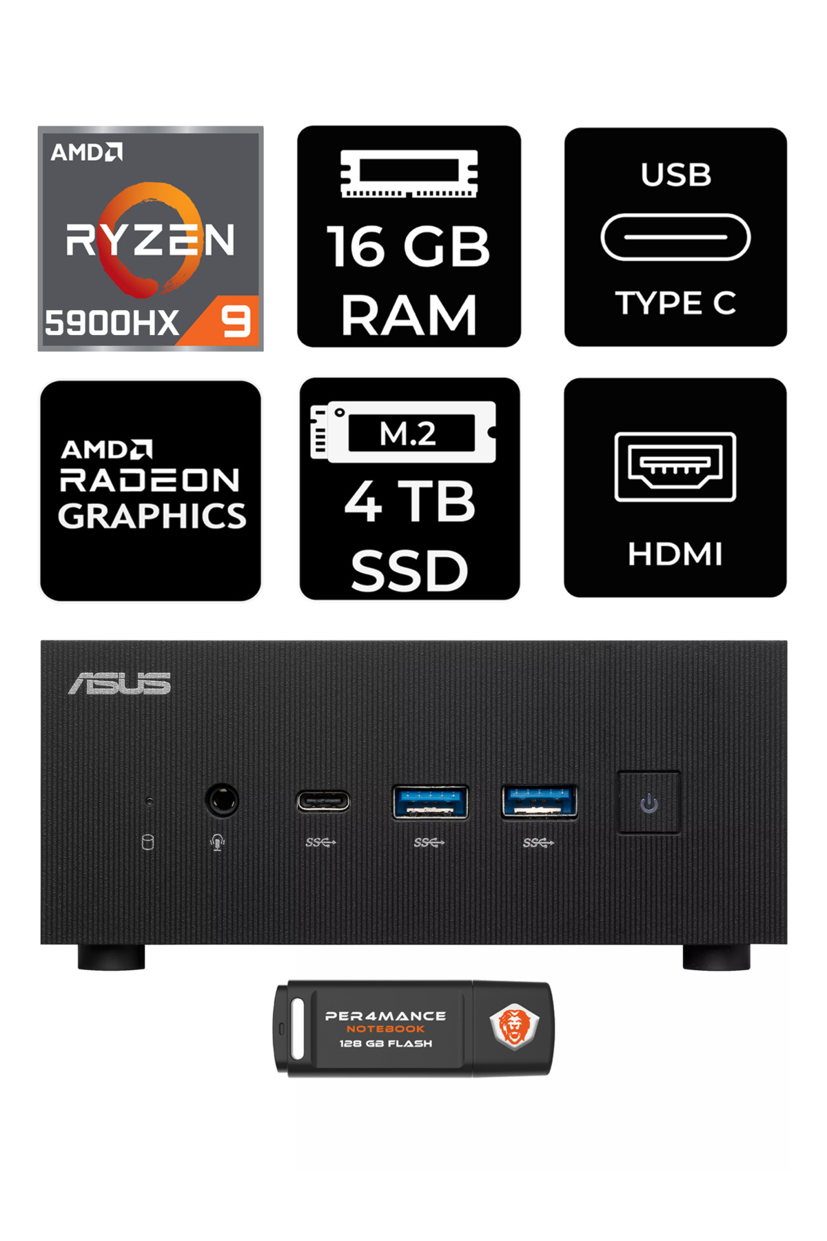 ExpertCenter PN52 R9-5900HX 16GB RAM 4TB SSD FDOS MİNİ MASAÜSTÜ PC & PER4 BELLEK