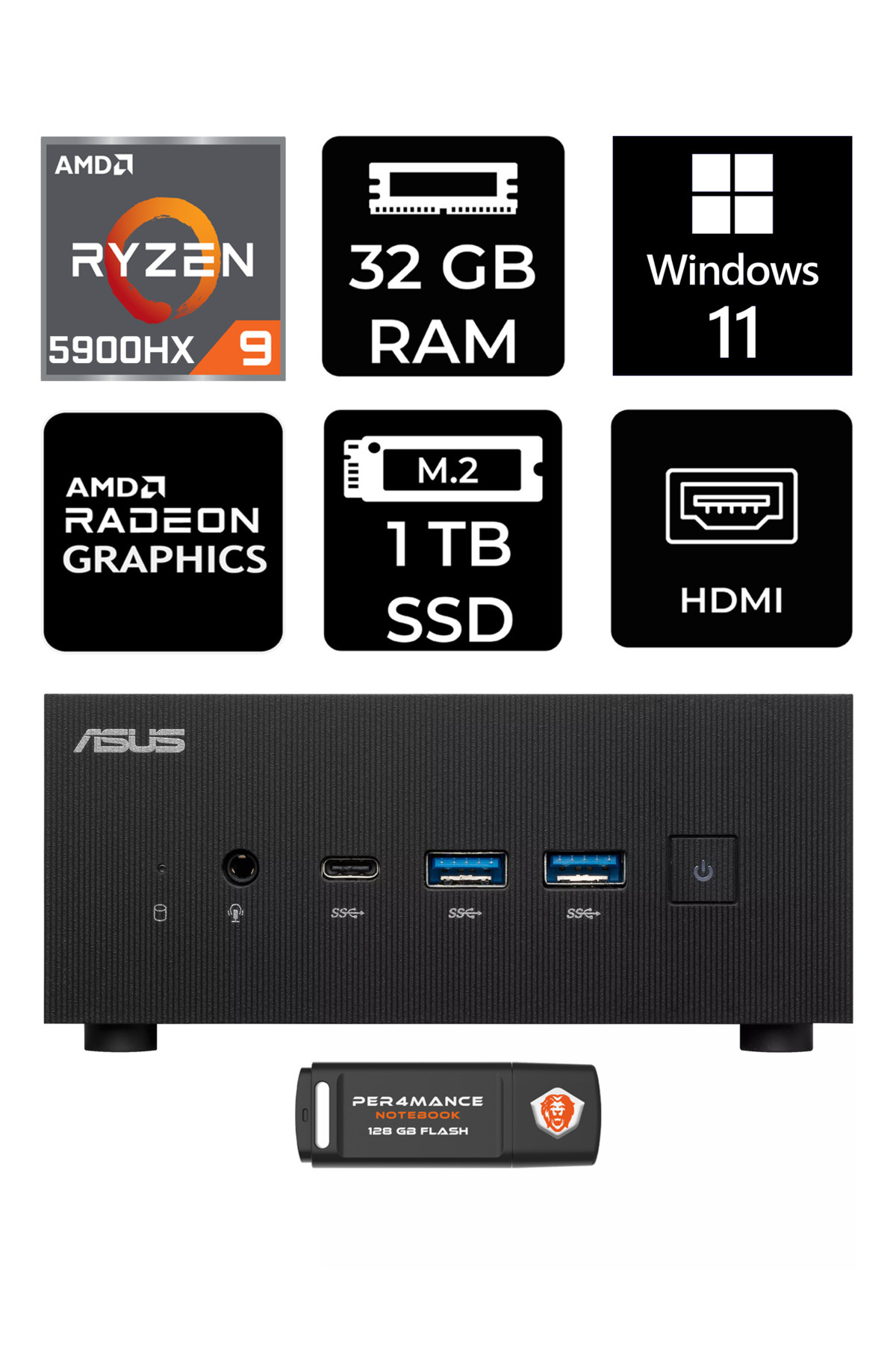 ExpertCenter PN52 R9-5900HX 32GB RAM 1TB SSD W11PRO MİNİ MASAÜSTÜ PC & PER4 BELLEK