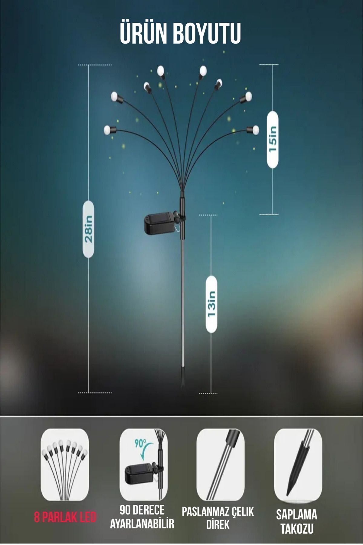 2 Adet 8 Led li Güneş Enerjili Ateş Böceği Balkon Bahçe Lambası (2 Adet)