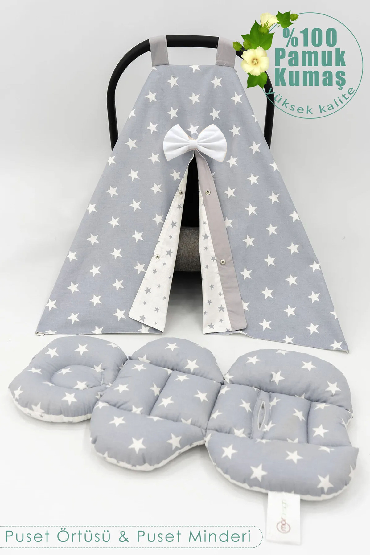mordesign Bebek Ortopedik Puset Minder / Örtü, 2'li Avantajlı Puset Set, Askı Stil, Yıldız Serisi, Gri