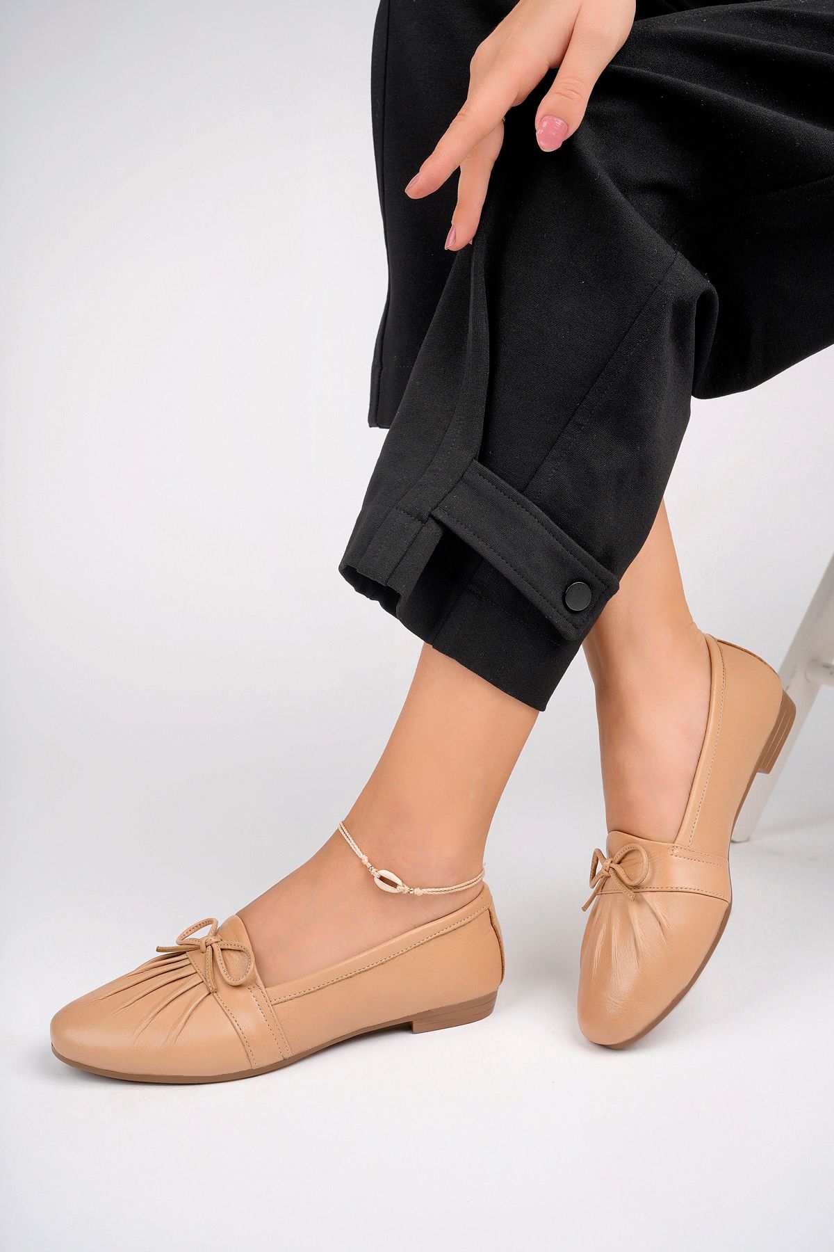 Deripabuc-Beige Genuine Leather Women's Ballerinas - DP77-0133 2