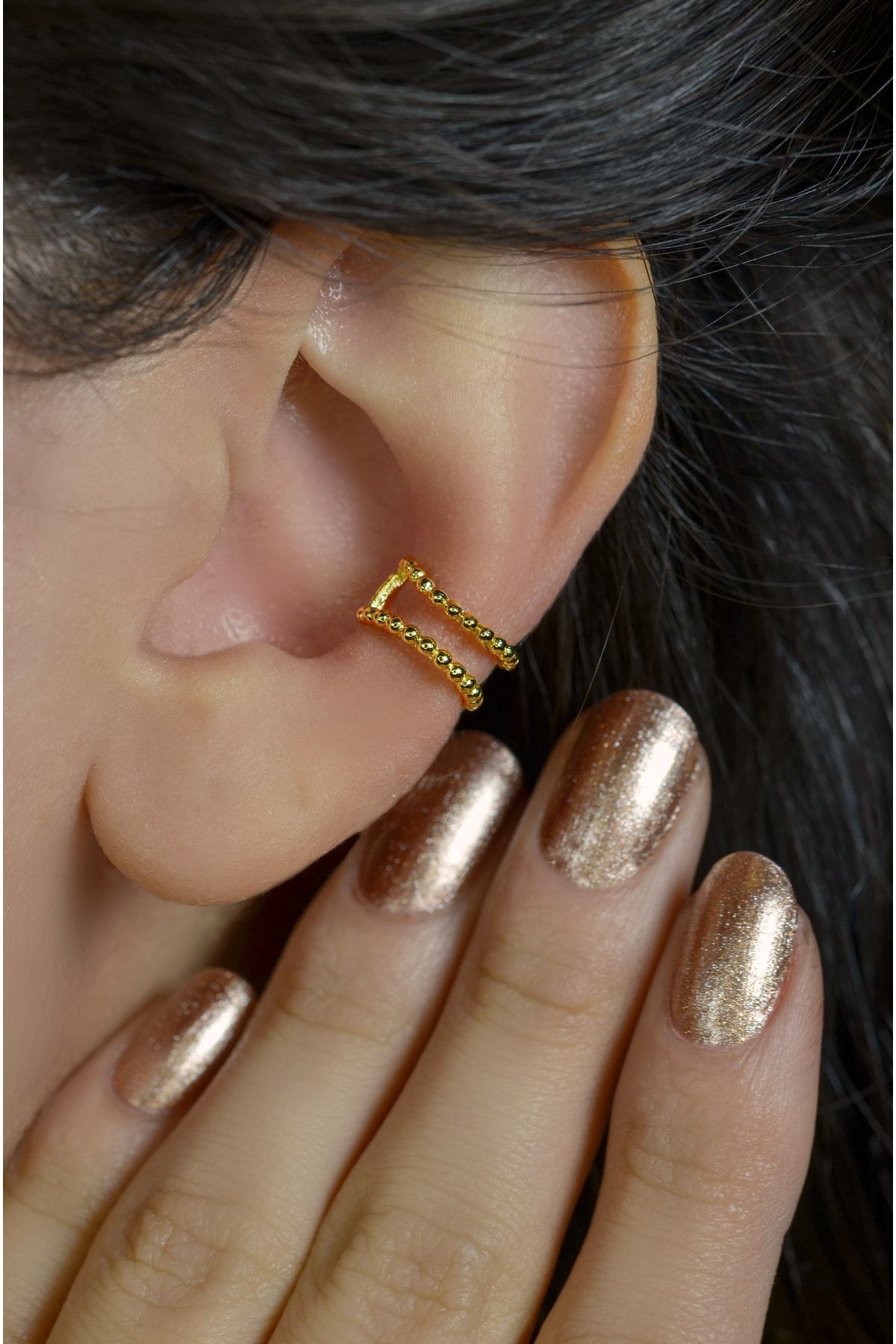 Mini Topçuklu Gold Earcuff Sıkıştırmalı Kıkırdak Küpesi