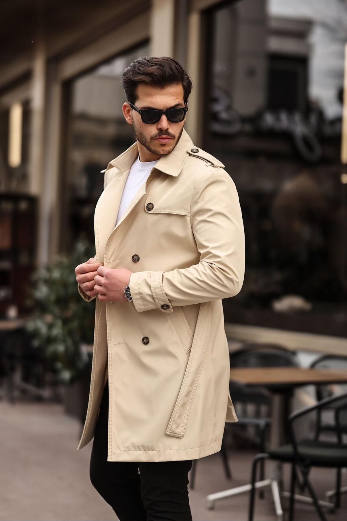 MEECY-BeiGe Men's TRench Coat - Belted, WateR and WindpRoof 1