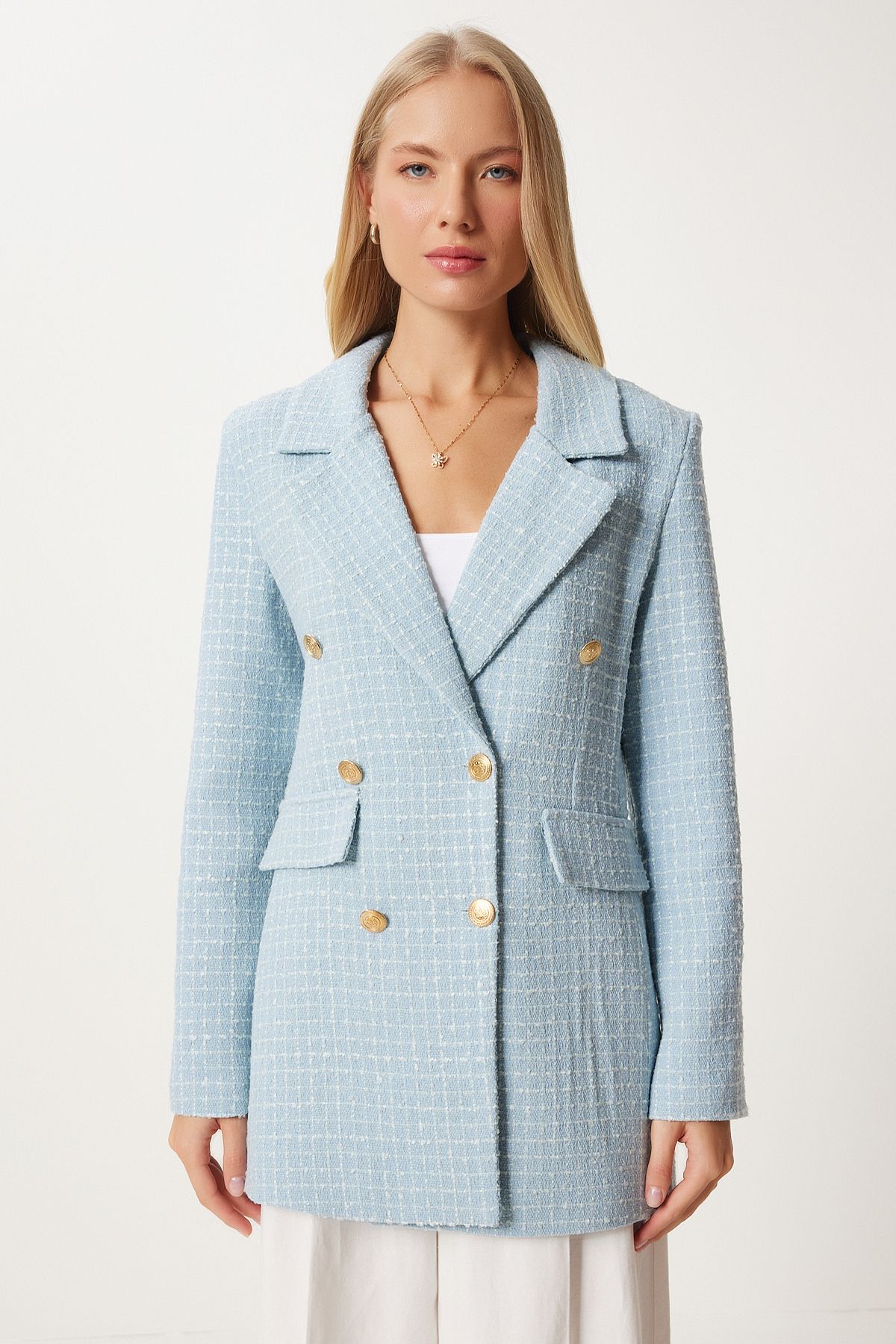 Happiness İstanbul-Himmelblaue Tweed-Blazerjacke mit Knöpfen für Damen WF00004 4