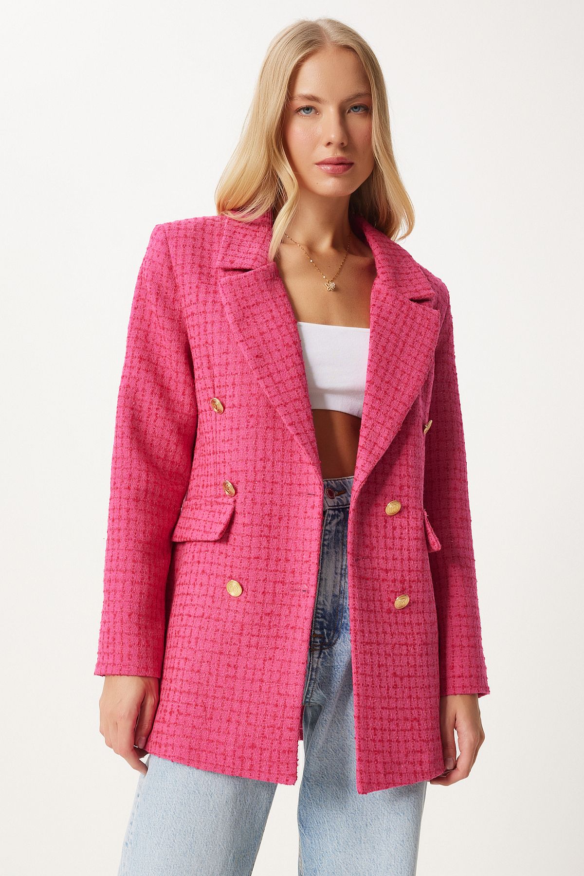 Happiness İstanbul-Jachetă blazer din tweed roz închis - damă, cu nasturi, WF00004 2