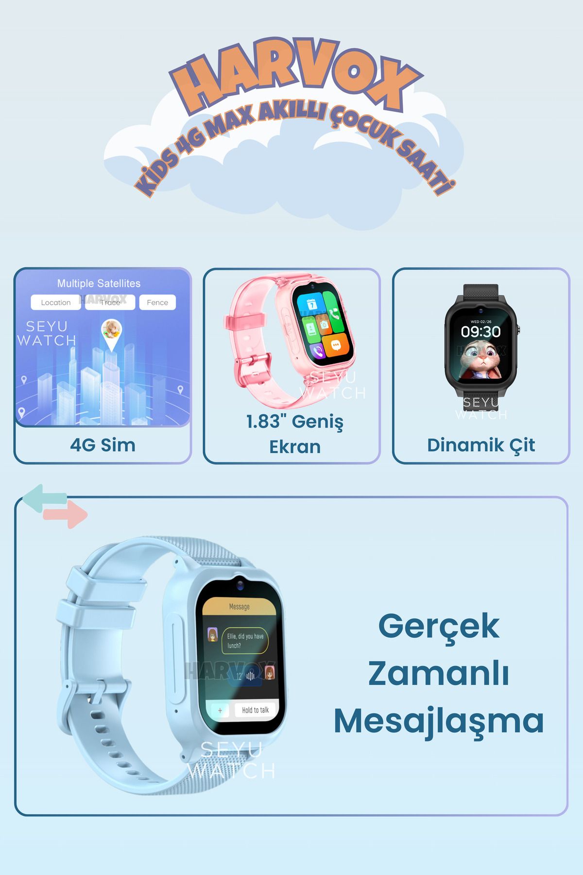 HX Kids 4G Max Sim Kartlı Harvox Akıllı Çocuk Saati Gps Konum Takibi Arama Konuşma 4G Destekli