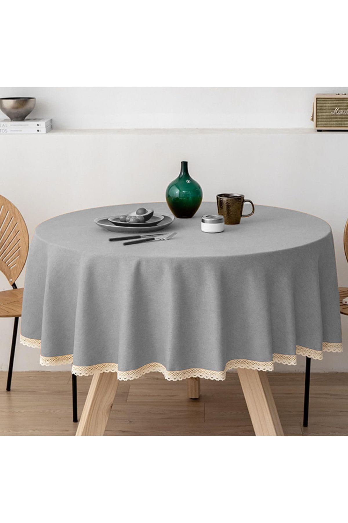 Meral Kurşun Collection Guipure Detailed Carefree Round Tablecloth