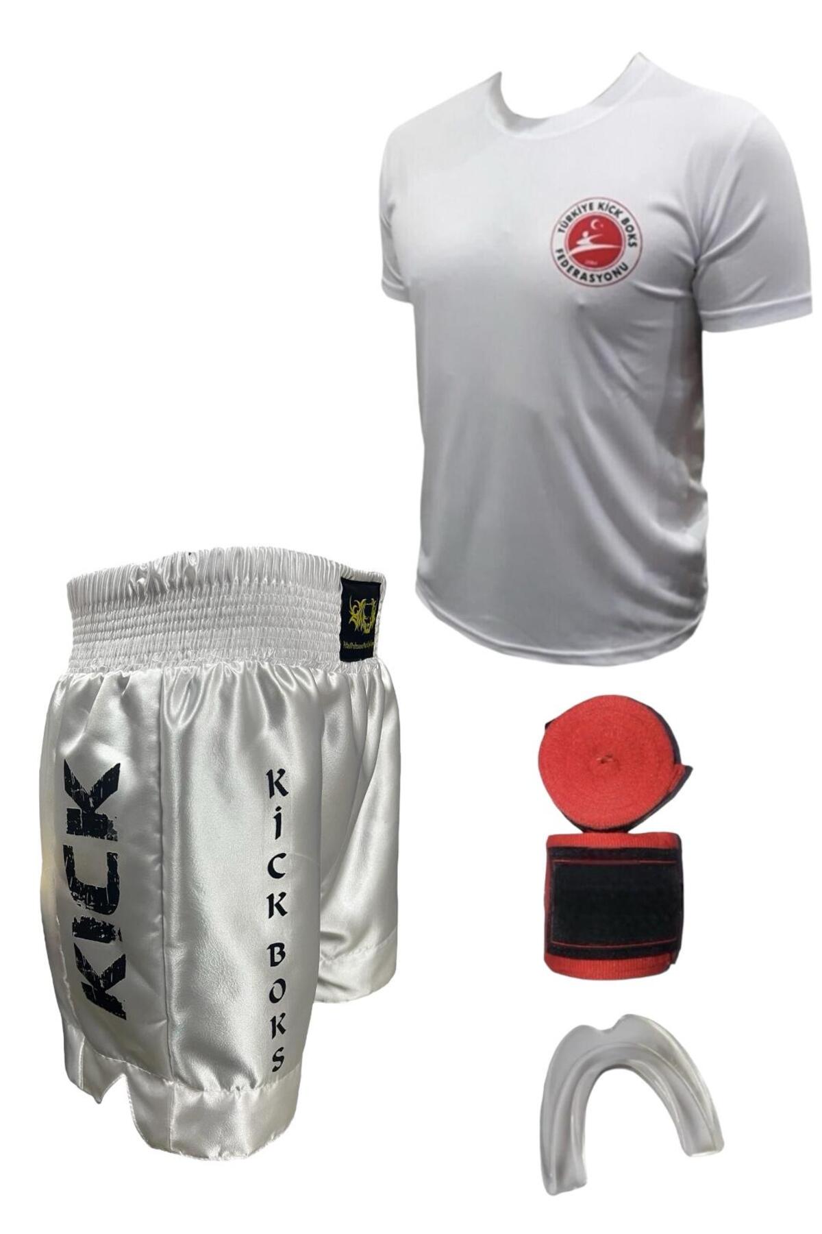 Remege Spor Malzemeleri Kick Boks Şortu - Kick Boks Tişörtü - 3,5 Mt Bandaj - Silikon Dişlik Kickboks 4'lü Set