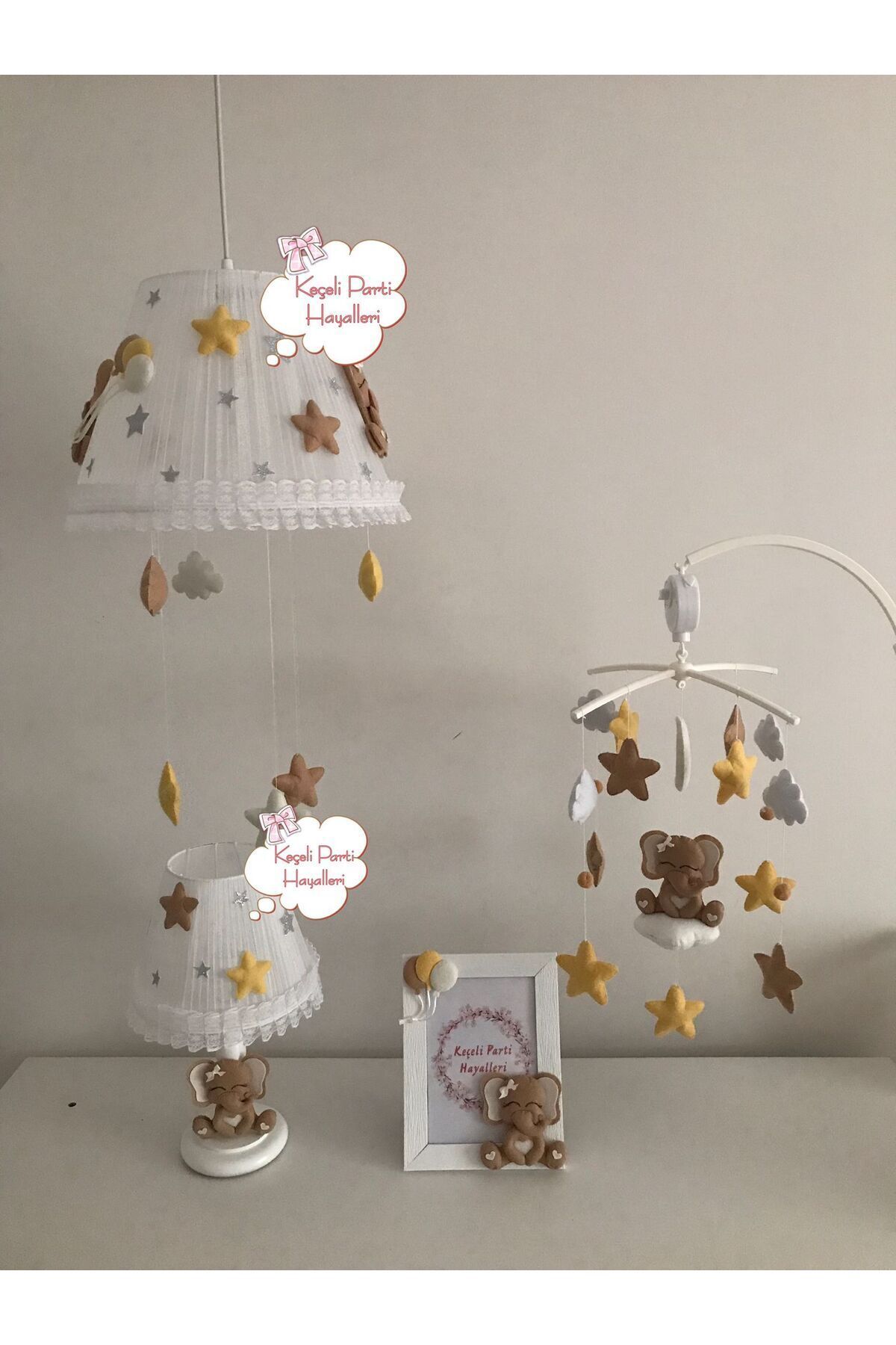 Keçeli parti hayalleri bebek çocuk odası avize set fil kahve krem sarı dönenceli fotoğrafı 2 (önizleme)