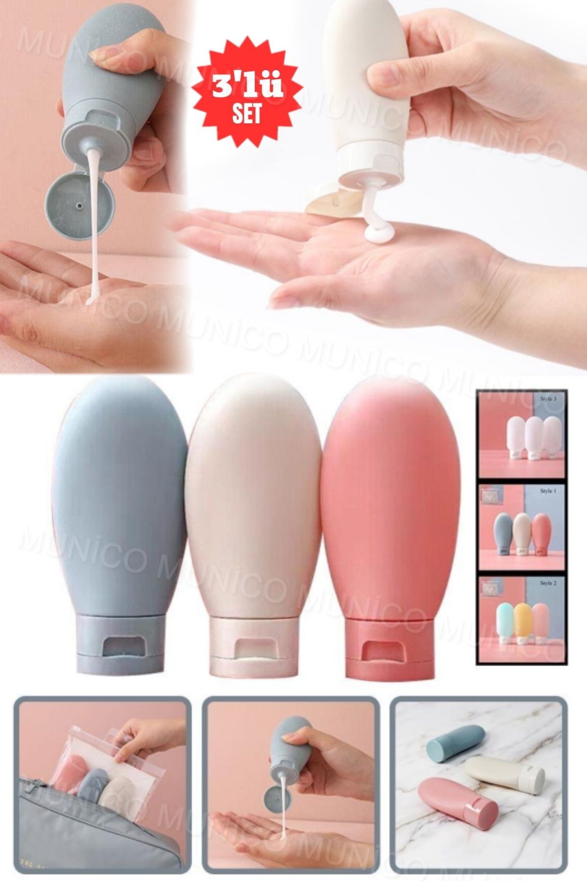 Munico-Leak Proof Cream and Shampoo Containers Set of 3Pcs 60ml Bottles for Travel Ideal Size Bottles for Holiday 2