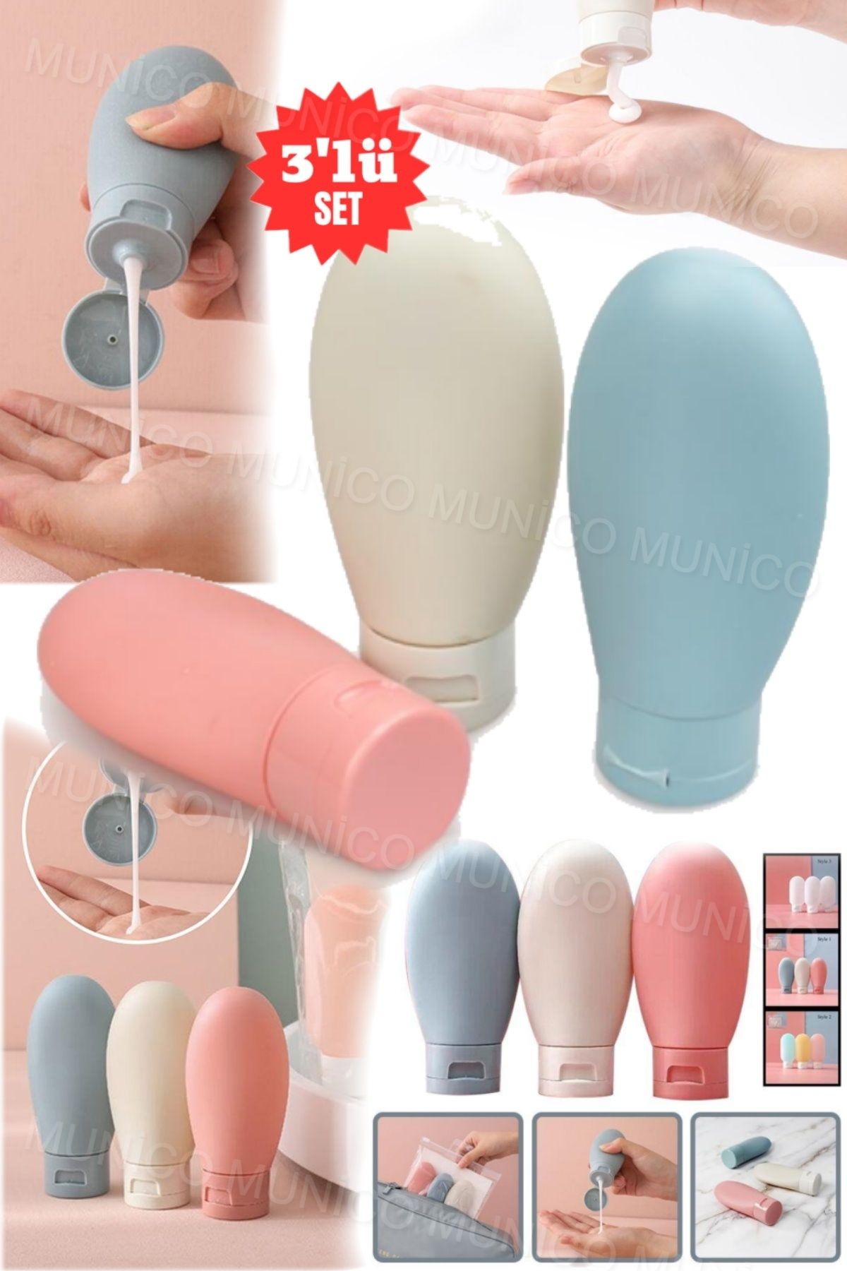 Munico-Leak Proof Cream and Shampoo Containers Set of 3Pcs 60ml Bottles for Travel Ideal Size Bottles for Holiday 8