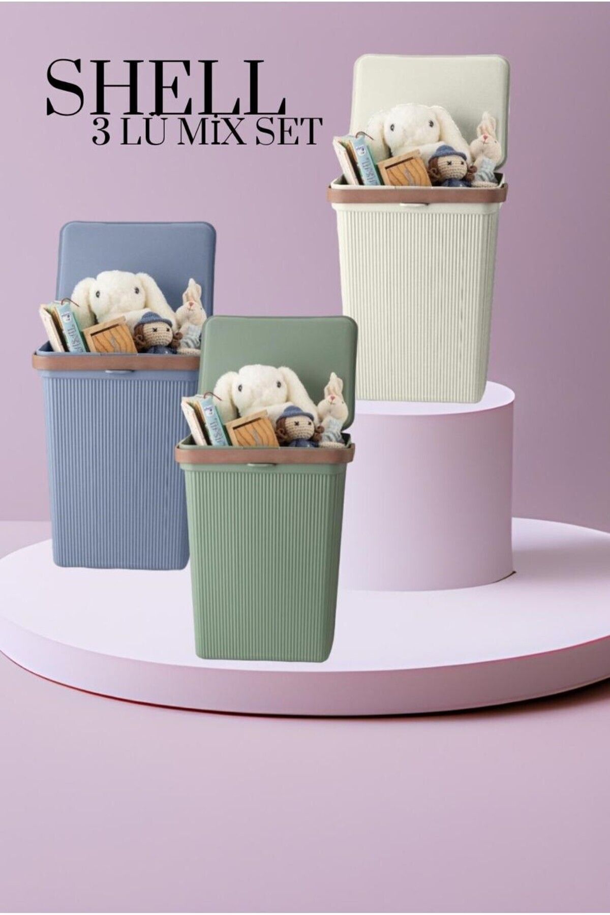 Bayev-10 Lt Mix Color Shell Toy and Laundry Basket with Handles - Hobby Storage Container with Lid, 3 Pieces 6