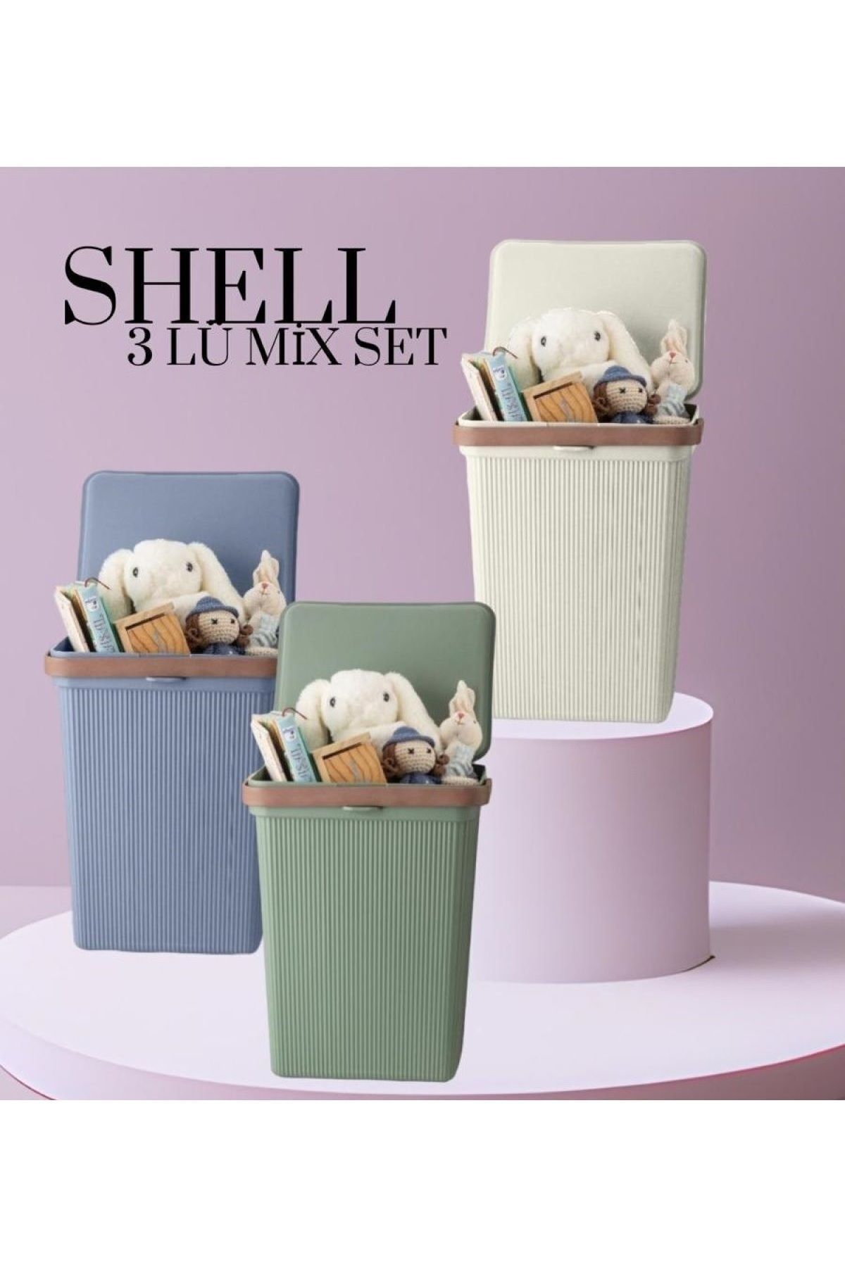 Bayev-10 Lt Mix Color Shell Toy and Laundry Basket with Handles - Hobby Storage Container with Lid, 3 Pieces 5