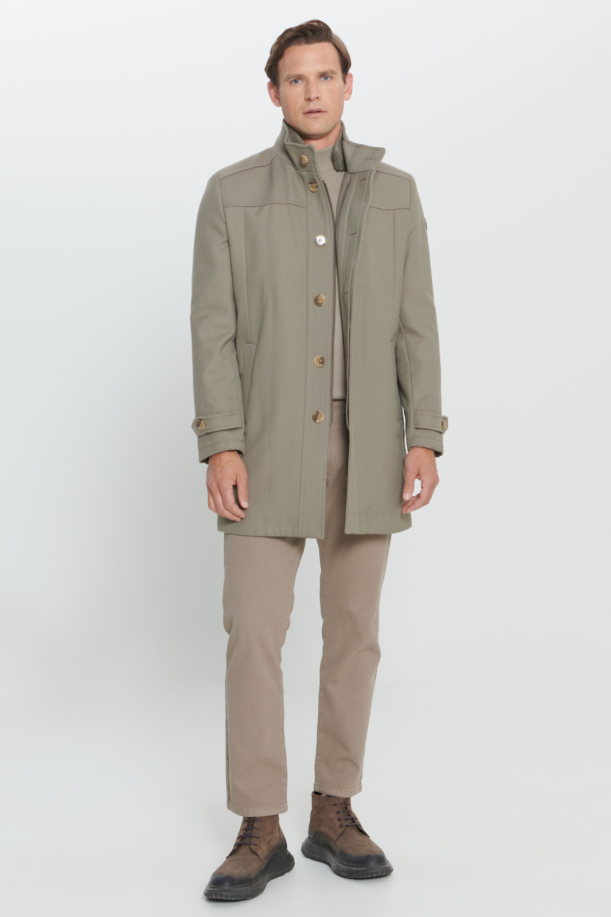 Altınyıldız Classics  Erkek Bej Standart Fit Normal Kesim Dik Yaka Yünlü Desenli Kaban - Görsel 4