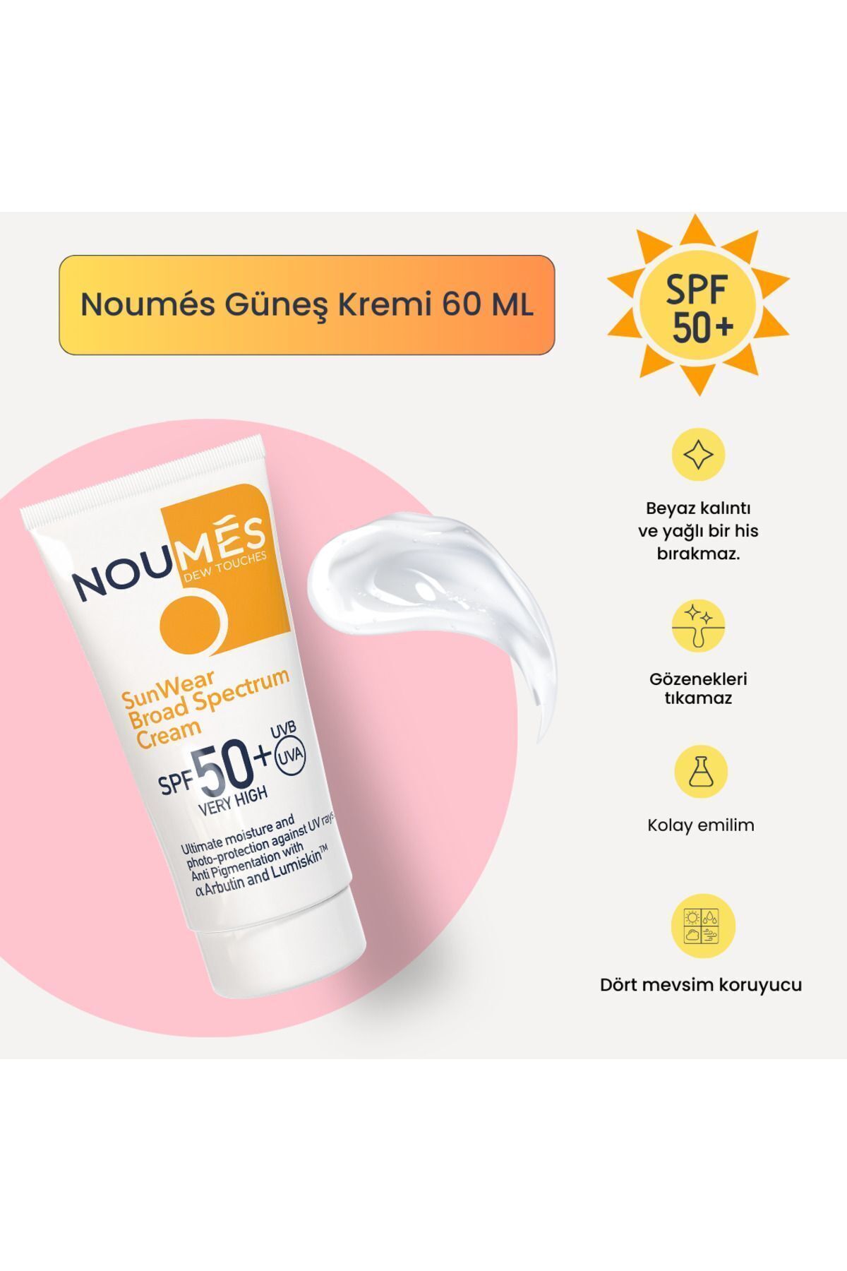 Noumes SPF 50+ Leke Karşıtı,Aydınlatıcı,Ton Eşitleyici,Akne Karşıtı,Nemlendirici Güneş Kremi 60 ML — 8684225241787 — تصویر 2 از 4