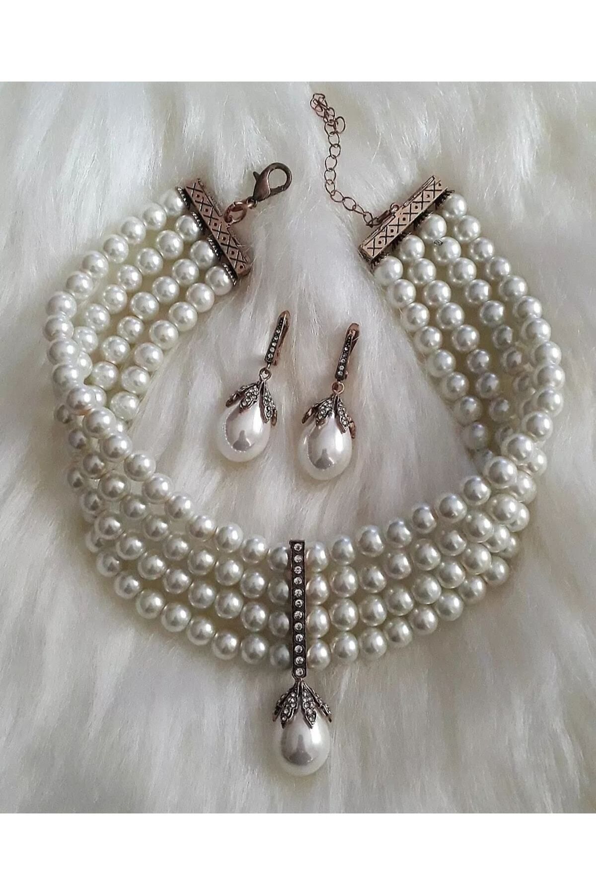 TMD AKSESUAR Damla Incili Tasma Kolye Ve Küpe