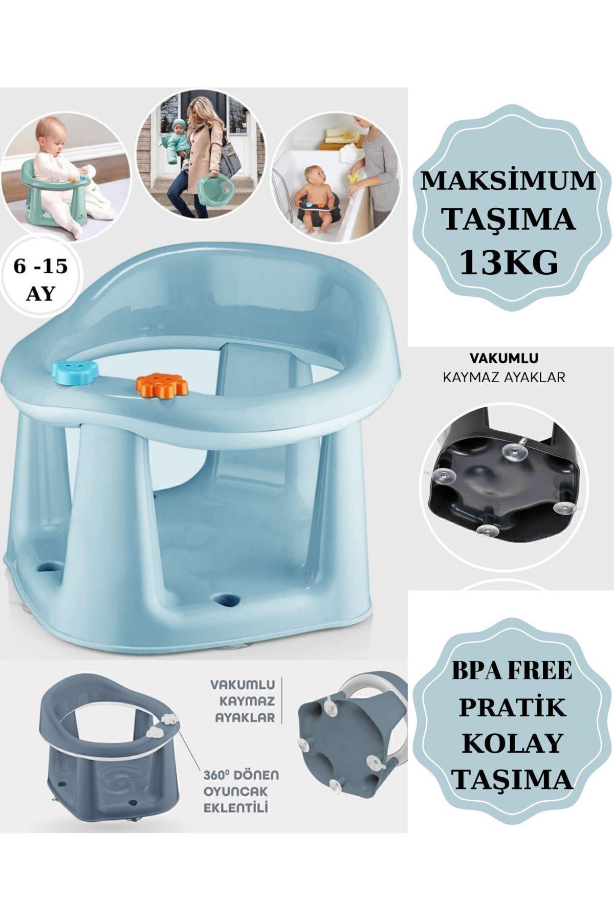 Bebek Banyo Oturağı - Vakum Tabanlı Bebek Mama Oturağı - Bel Destekli Vakumlu Mama, Banyo Oturak 4