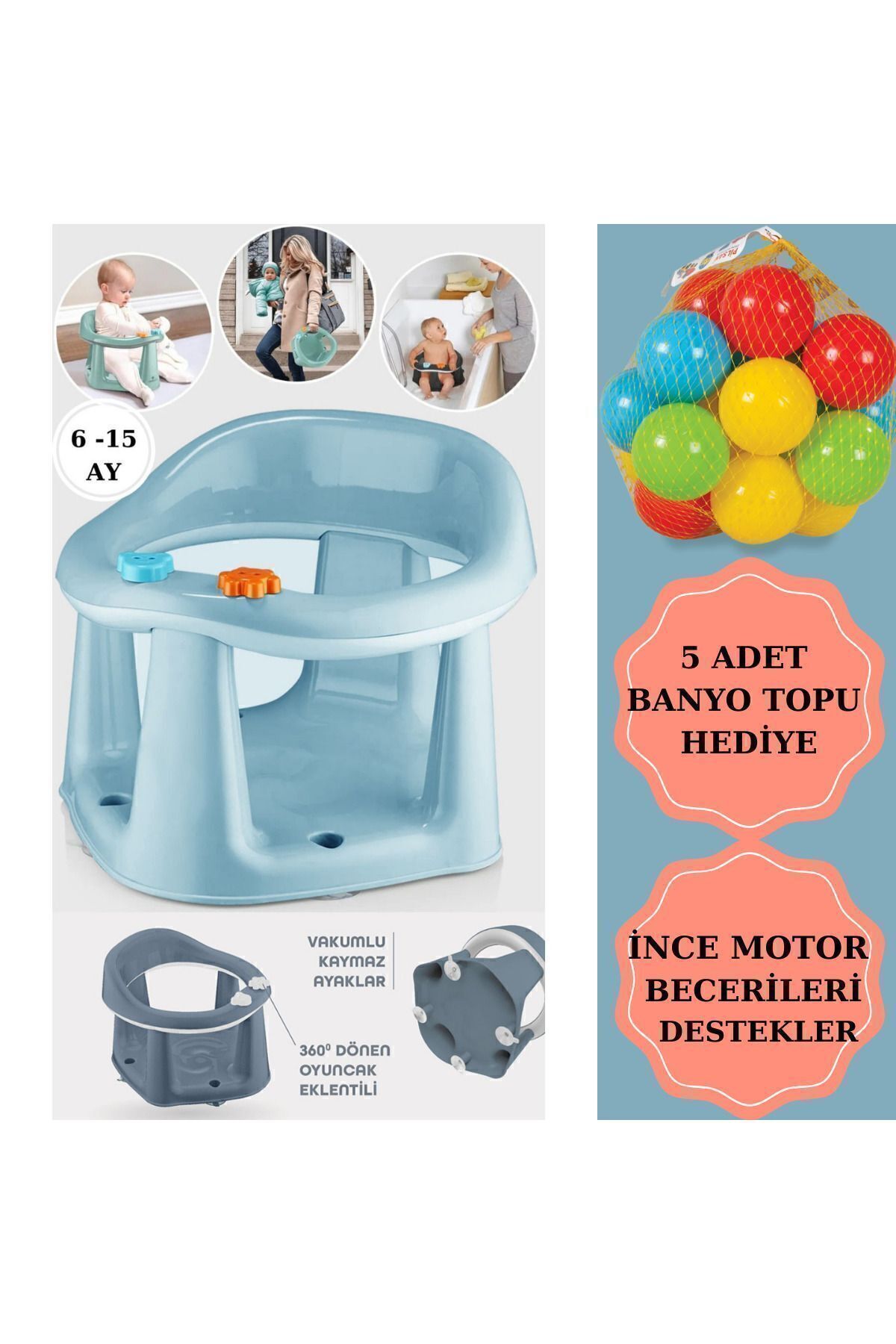 Zuu Baby Bebek Banyo Oturağı - Vakum Tabanlı Bebek Mama Oturağı - Bel Destekli Vakumlu Mama, Banyo Oturak