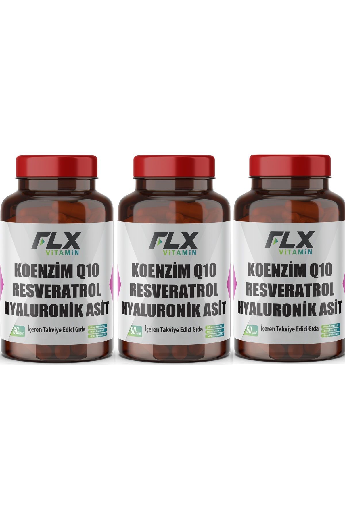 FLX Koenzim Coenzyme Q-10 200 Mg Hyaluronik Asit Resveratrol 60 Tablet X 3 Kutu