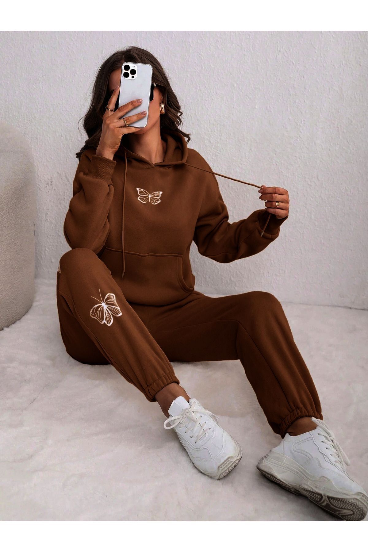 Kelebek Sweatshirt Eşofman Altı Jogger - Kahverengi Baskılı Alt Üst Eşofman Takımı Kapüşonlu — قهوه‌ای scTYCD1A8LMN169364968623045