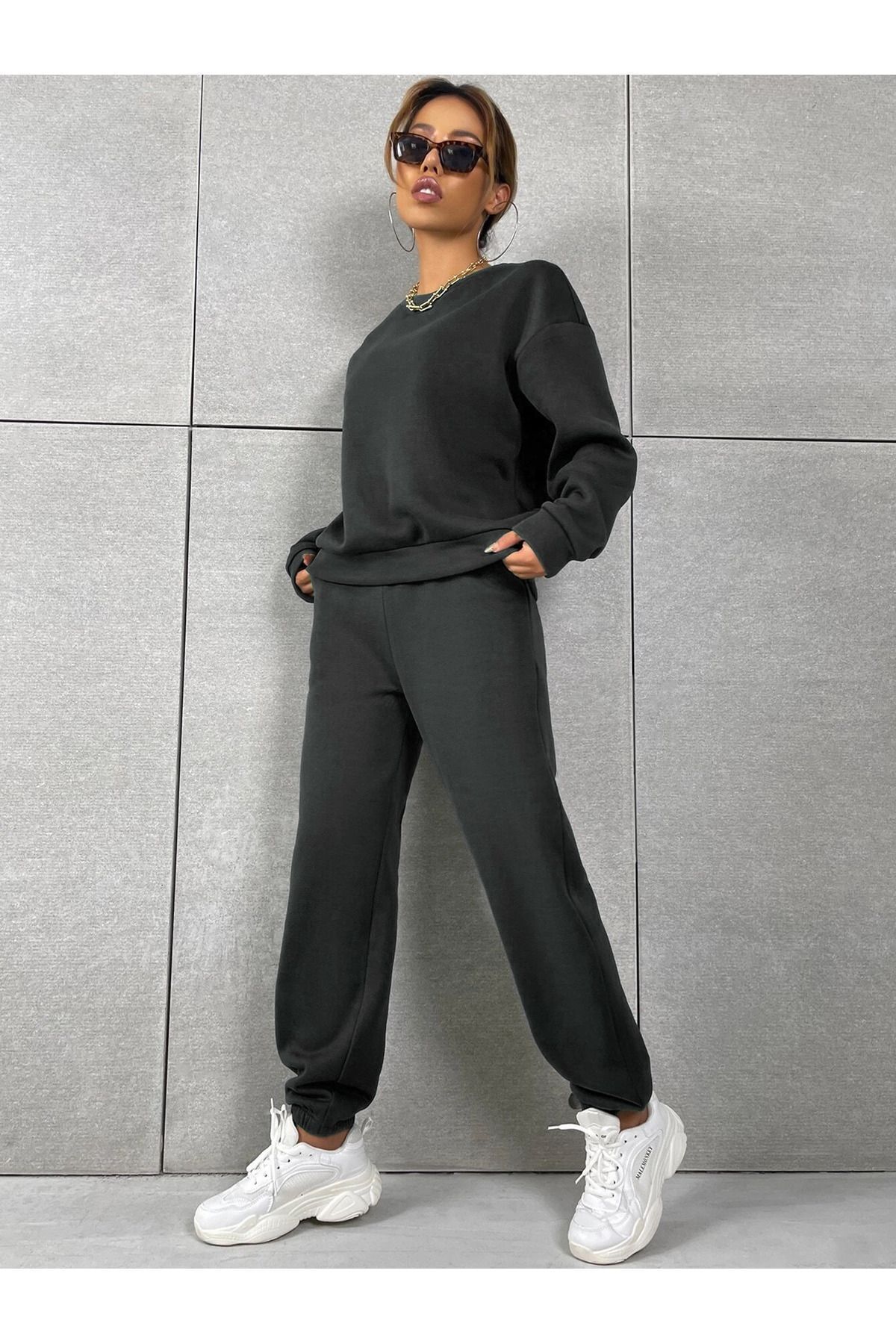 Basic Kalın Kışlık Sweatshirt Eşofman Altı Jogger - Siyah Alt Üst Eşofman Takımı Bisiklet Yaka — مشکی scBSCBSKLTKM-SC — تصویر 4 از 6