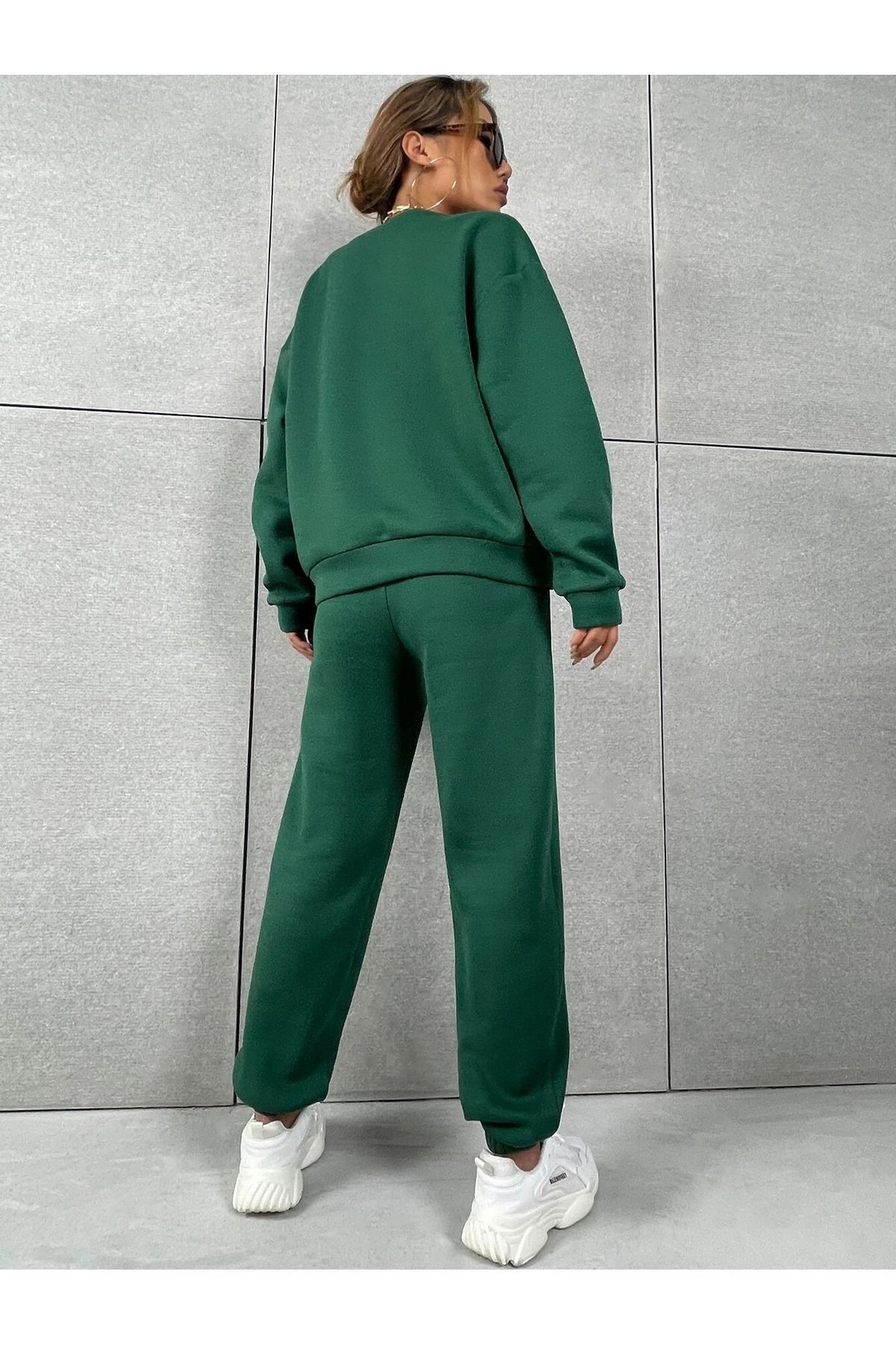 Basic Kalın Kışlık Sweatshirt Eşofman Altı Jogger - Nefti Yeşil Alt Üst Eşofman Takımı Bisiklet Yaka — سبز scBSCBSKLTKM-SC — تصویر 2 از 6