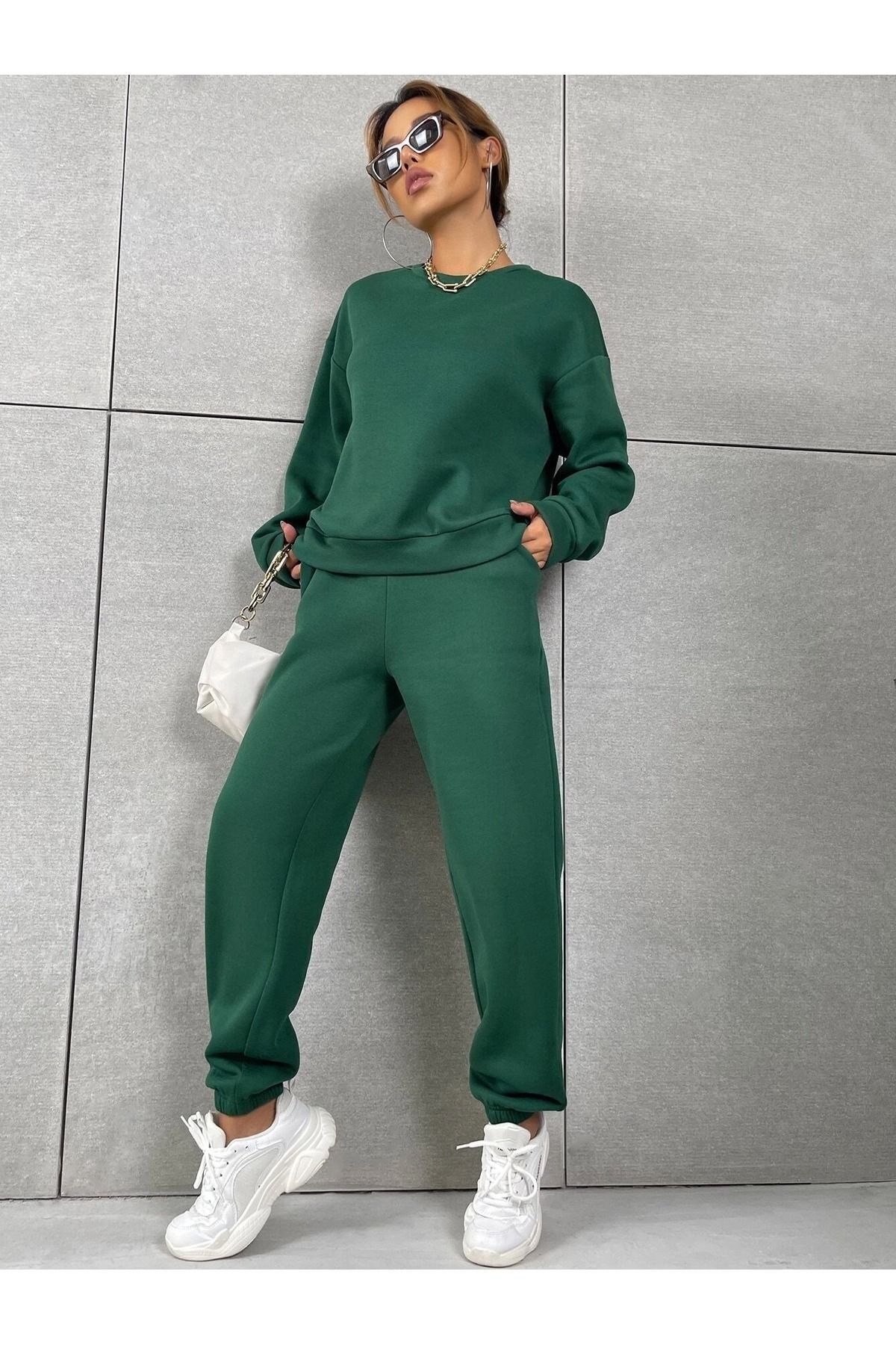 Basic Kalın Kışlık Sweatshirt Eşofman Altı Jogger - Nefti Yeşil Alt Üst Eşofman Takımı Bisiklet Yaka — سبز scBSCBSKLTKM-SC — تصویر 6 از 6