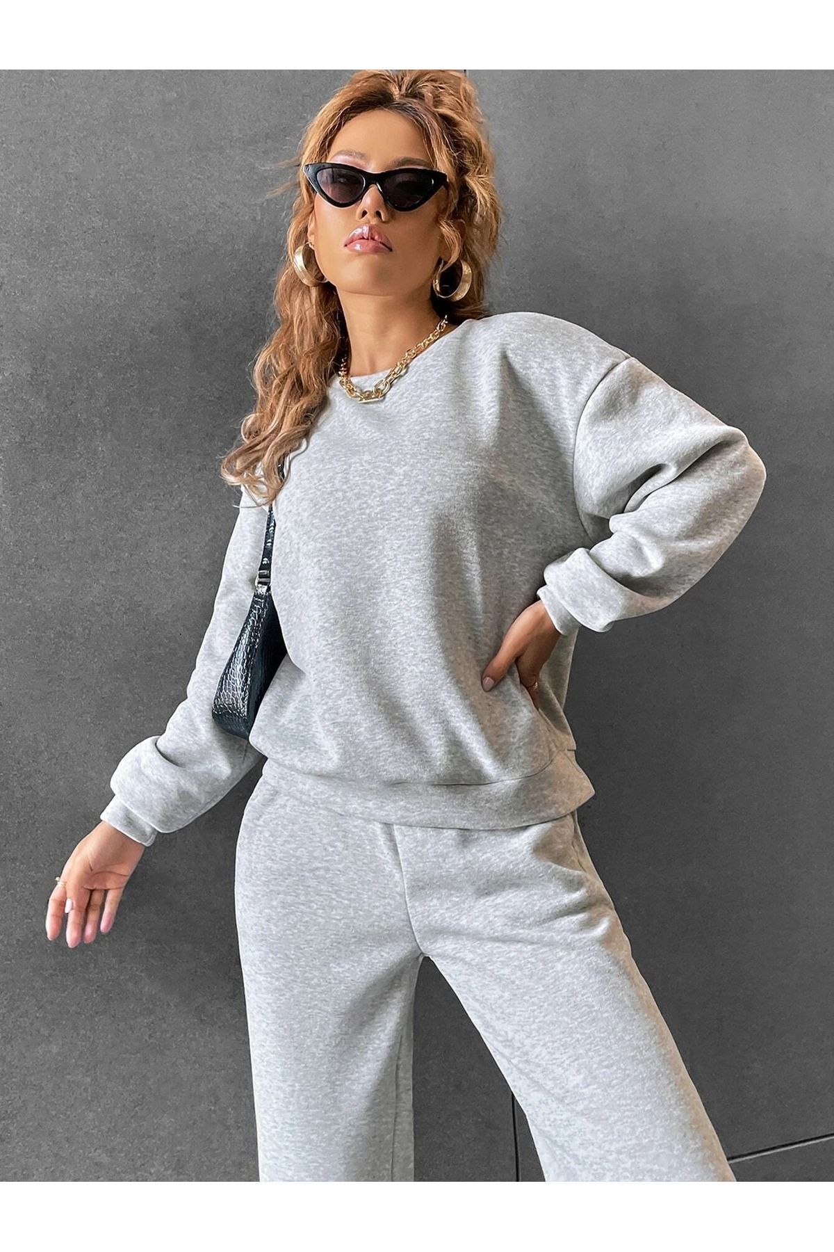 Unisex Basic Kalın Kışlık Sweatshirt Eşofman Altı Jogger - Gri Alt Üst Eşofman Takımı Bisiklet Yaka — خاکستری scTYC1XJ583N170438186998942 — تصویر 4 از 6