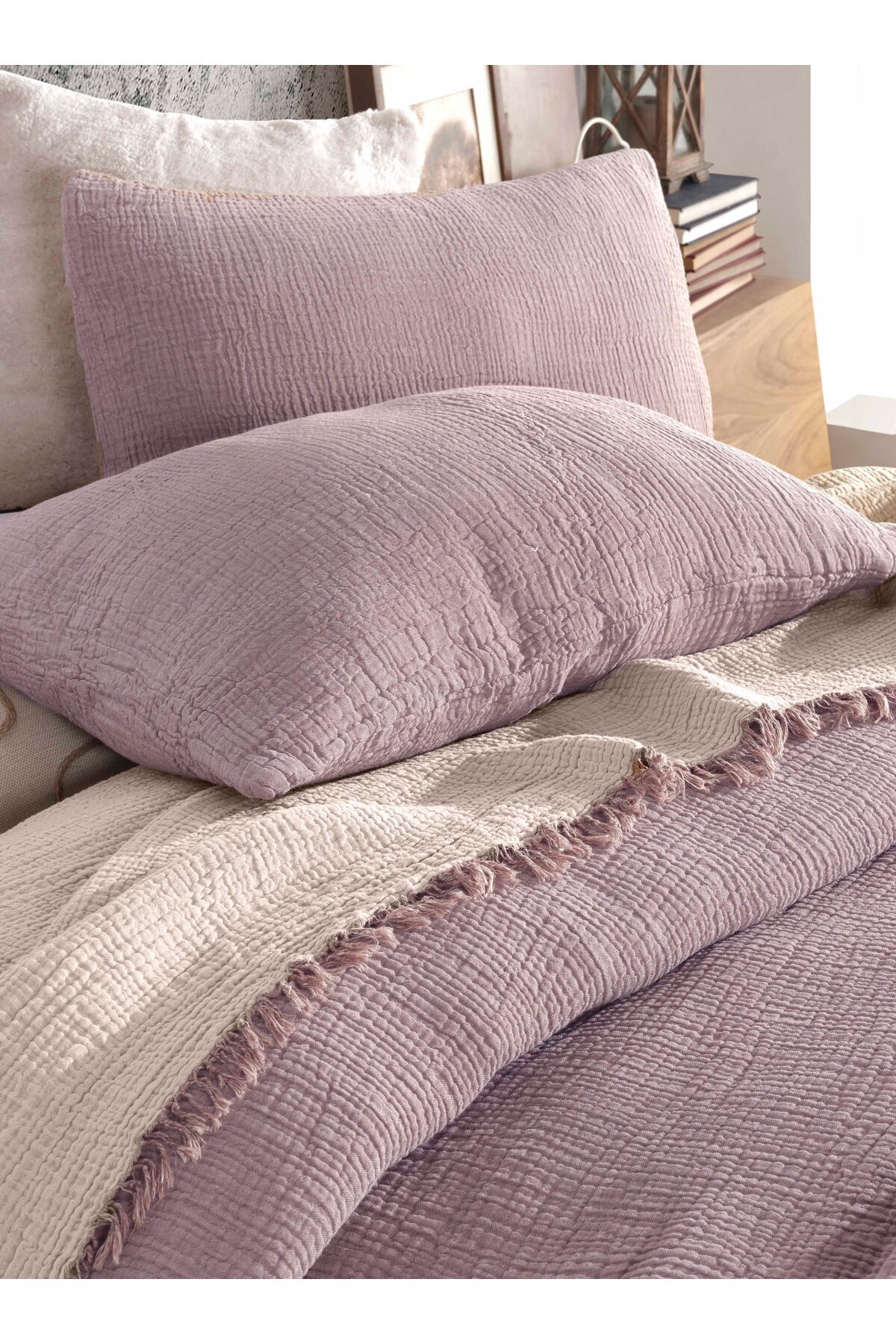 destinyhometex Lila Tek Kişilik 160 X 240cm Yatak Örtüsü/1 Adet 50x70cm Yastık 4 Katlı Multi Muslin %100 Pamuk