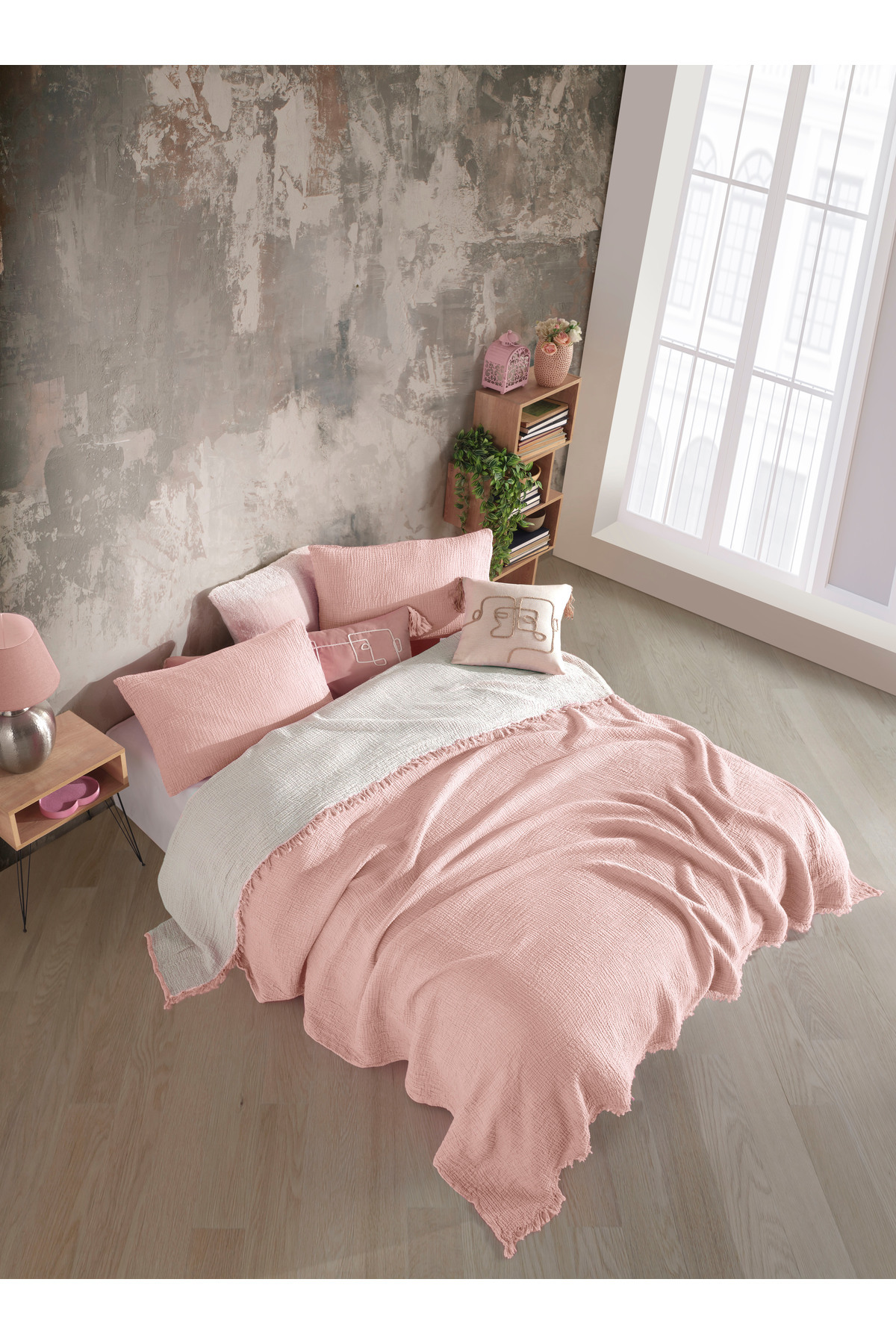 destinyhometex Pembe Tek Kişilik 160x240cm Yatak Örtüsü/1 Adet 50x70cm Yastık 4 Katlı Multi Muslin %100 Pamuk